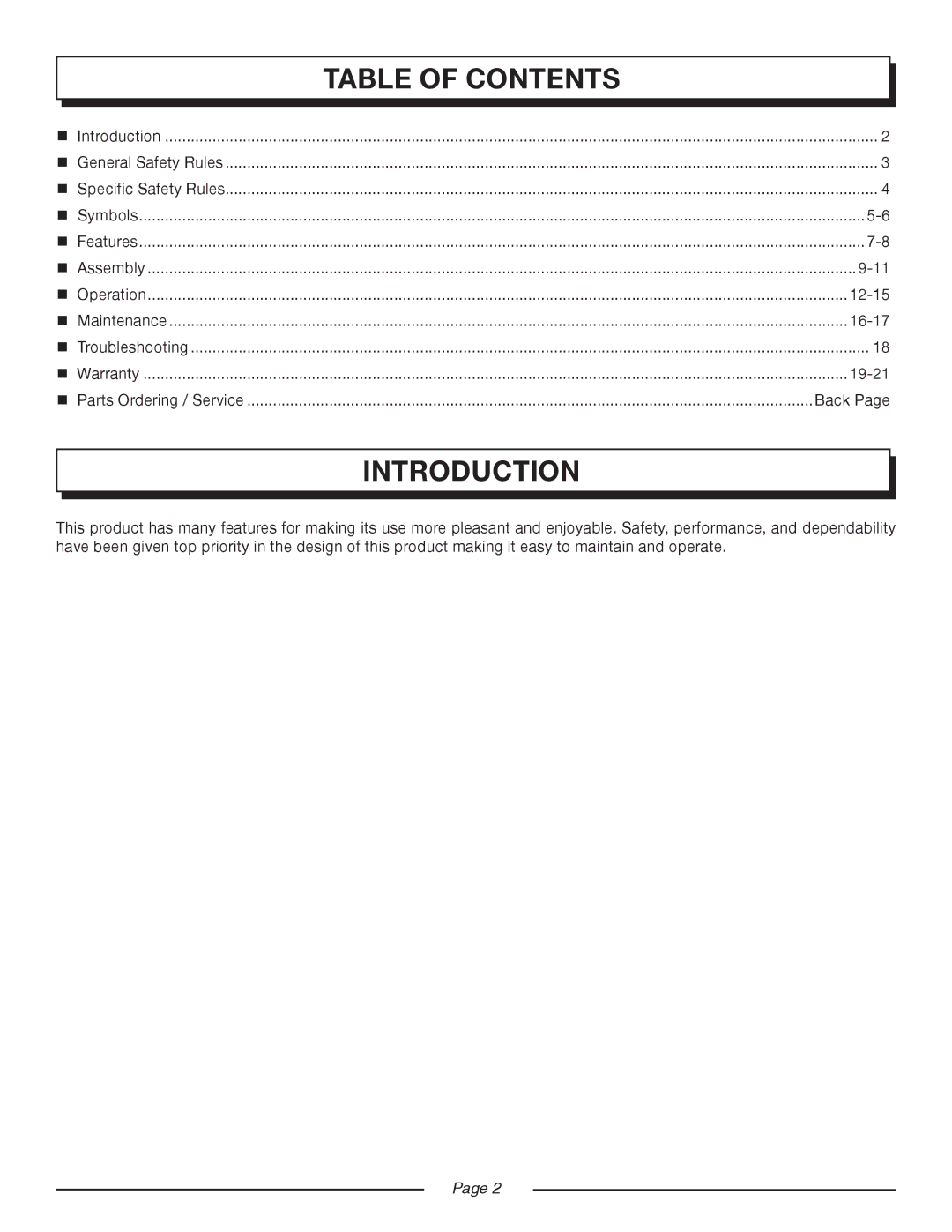 Homelite UT08546, UT08544 manual Introduction, Table of Contents 