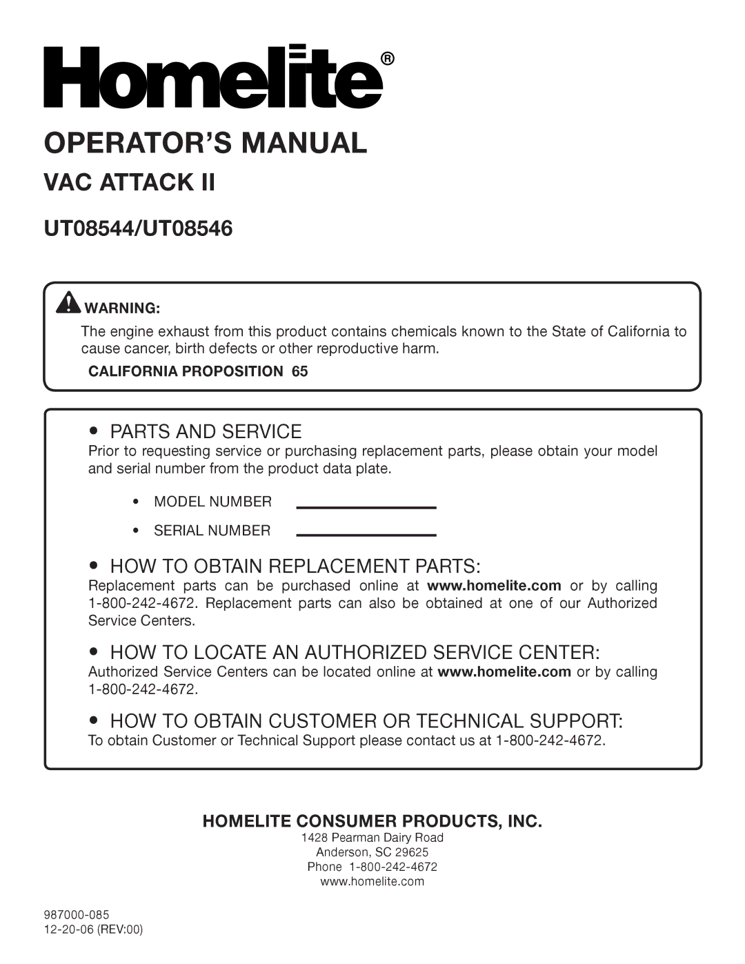 Homelite UT08546, UT08544 manual Parts and Service, California Proposition 