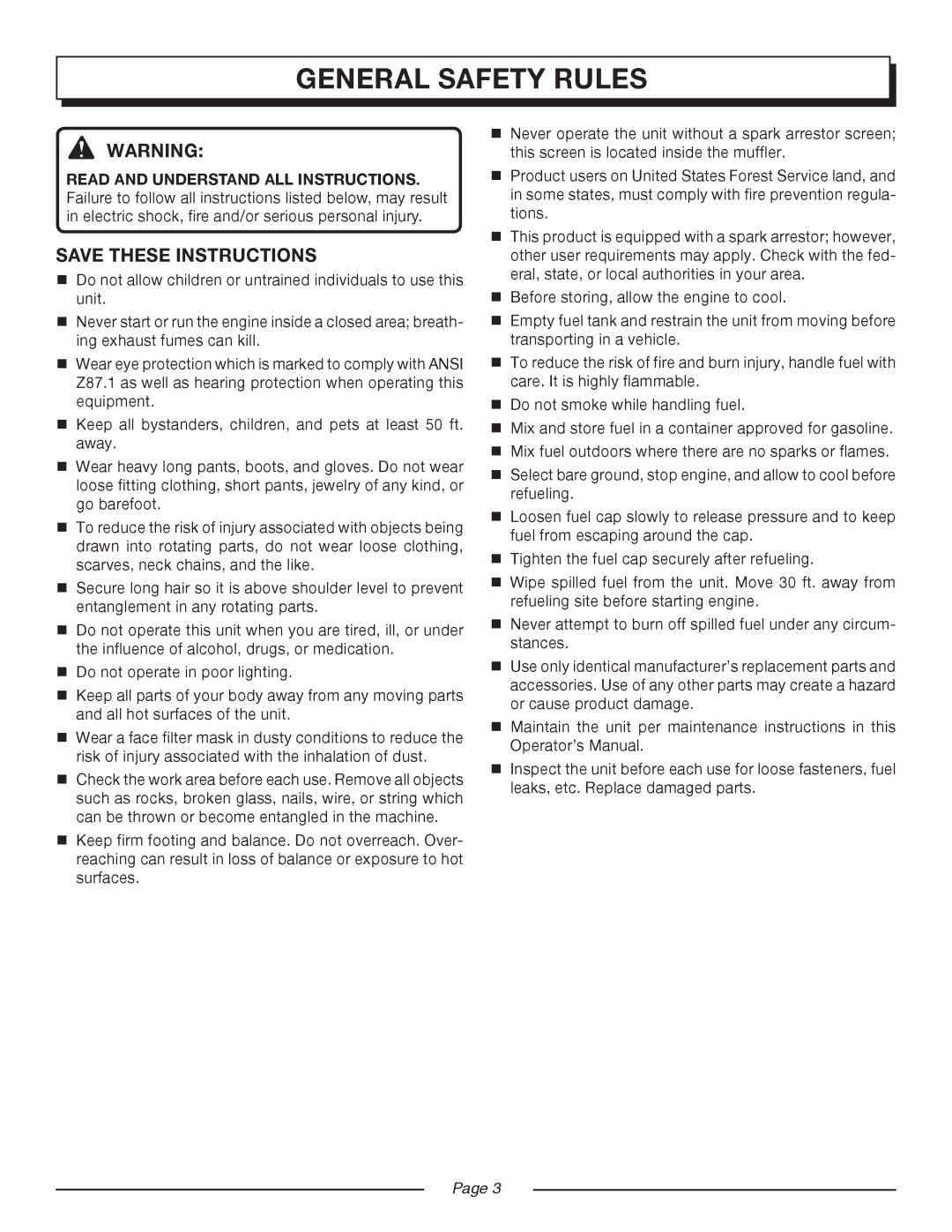 Homelite UT08544, UT08546 manual General Safety Rules 