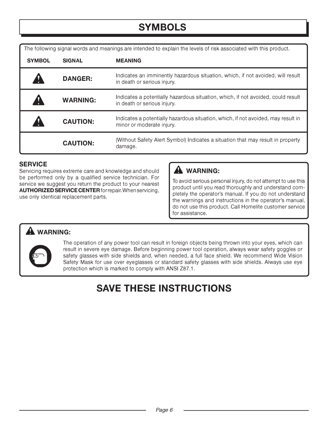 Homelite UT08546, UT08544 manual Service, Symbol Signal Meaning 