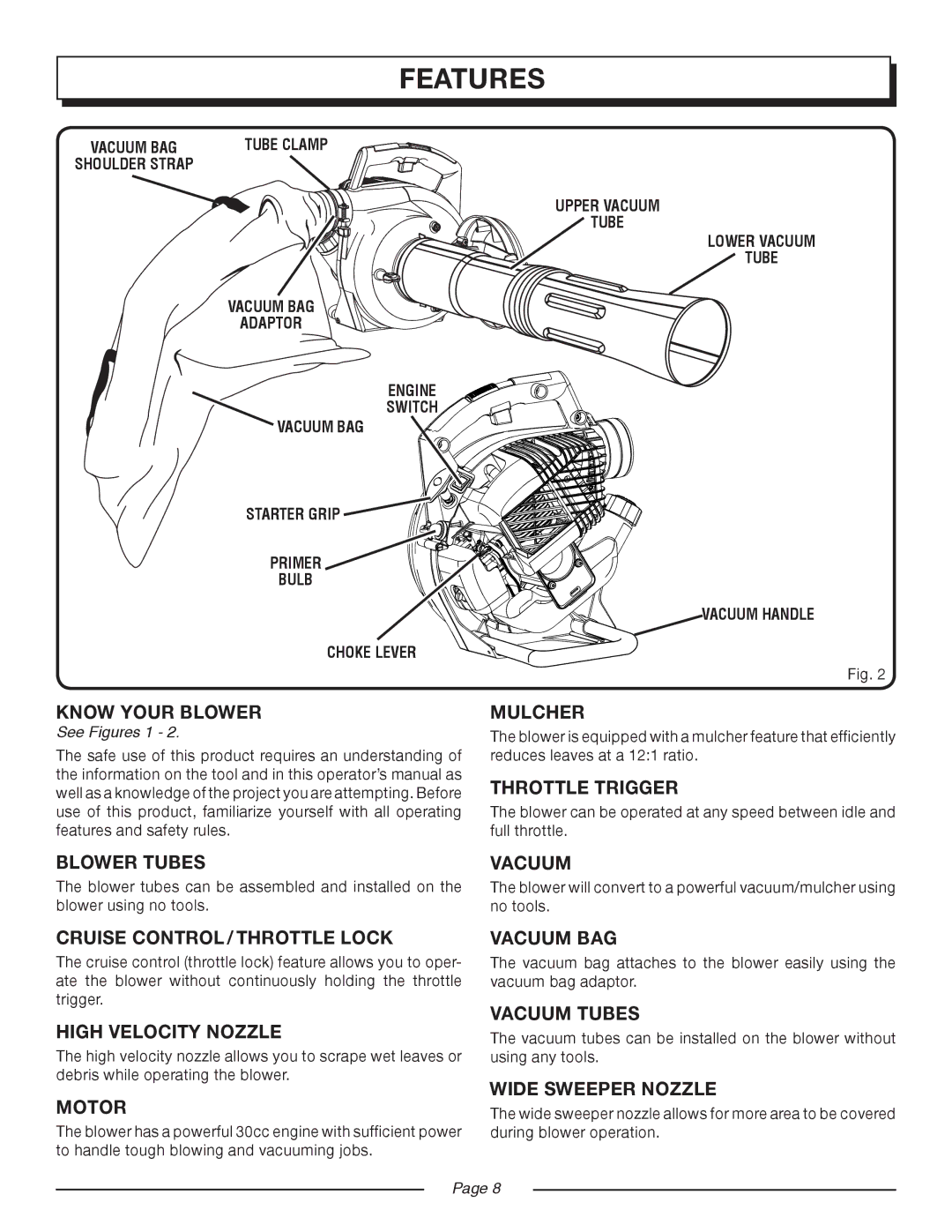 Homelite UT08546 Know Your Blower, Mulcher, Throttle Trigger, Blower Tubes, Vacuum, Cruise Control / Throttle Lock, Motor 