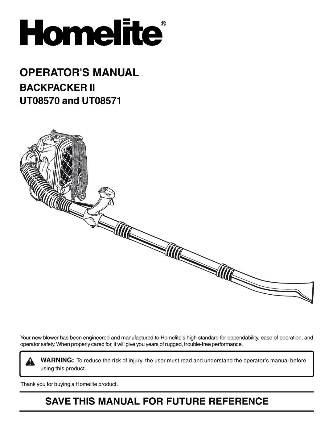 Homelite UT08570, UT08571 manual Backpacker, Save this Manual for Future Reference 