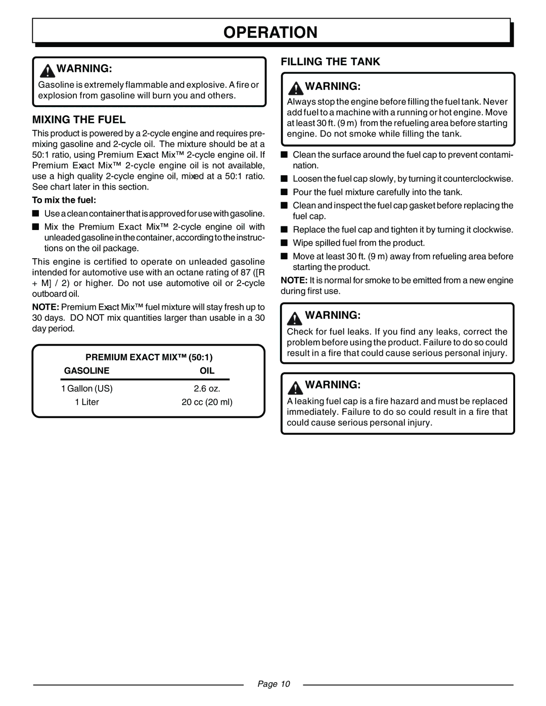 Homelite UT08571, UT08570 manual Operation, Mixing the Fuel, Filling the Tank 