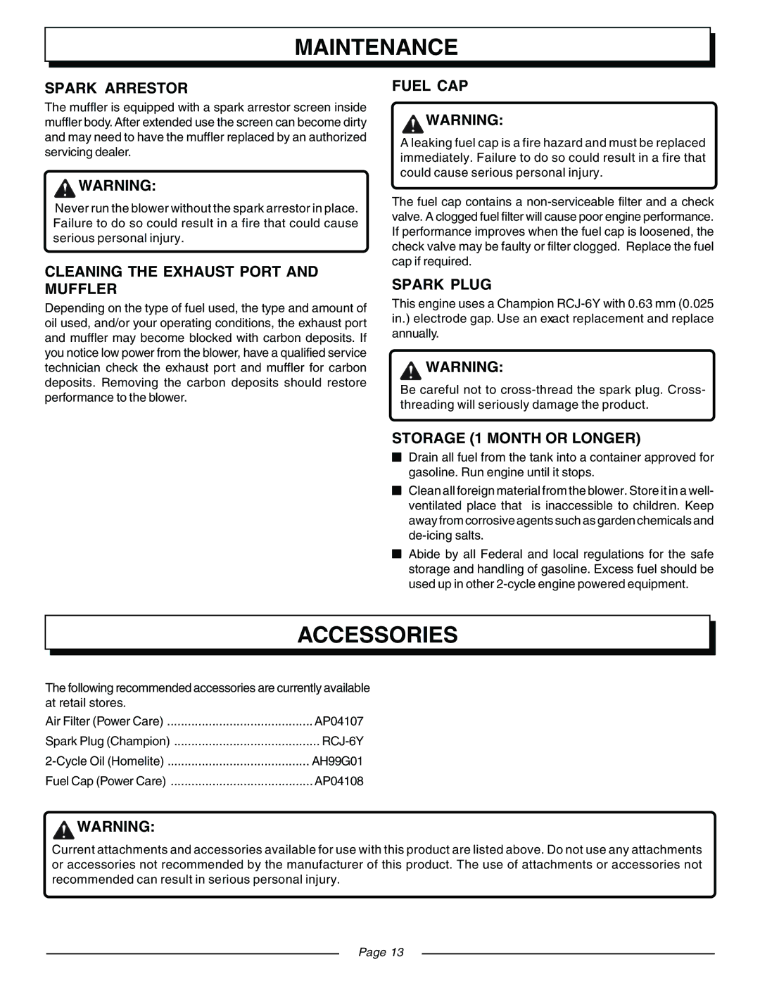 Homelite UT08570, UT08571 manual Accessories 