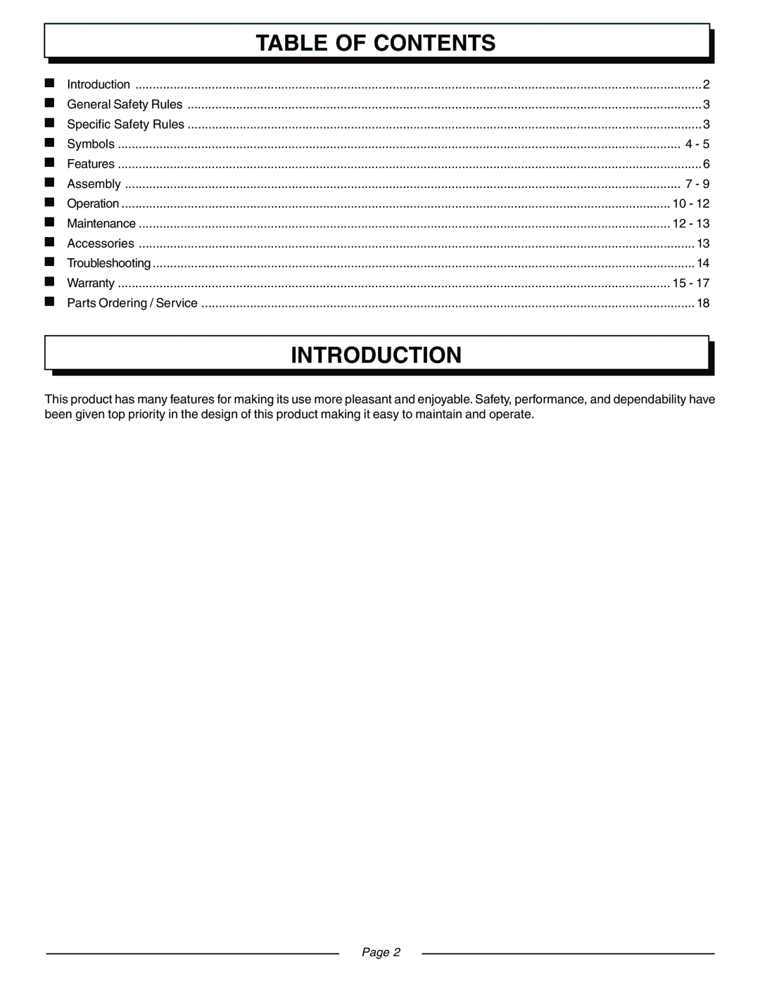 Homelite UT08571, UT08570 manual Table of Contents, Introduction 