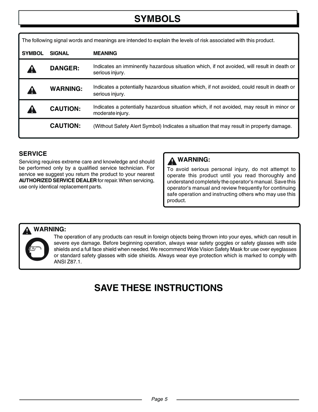 Homelite UT08570, UT08571 manual Service, Symbol Signal Meaning 