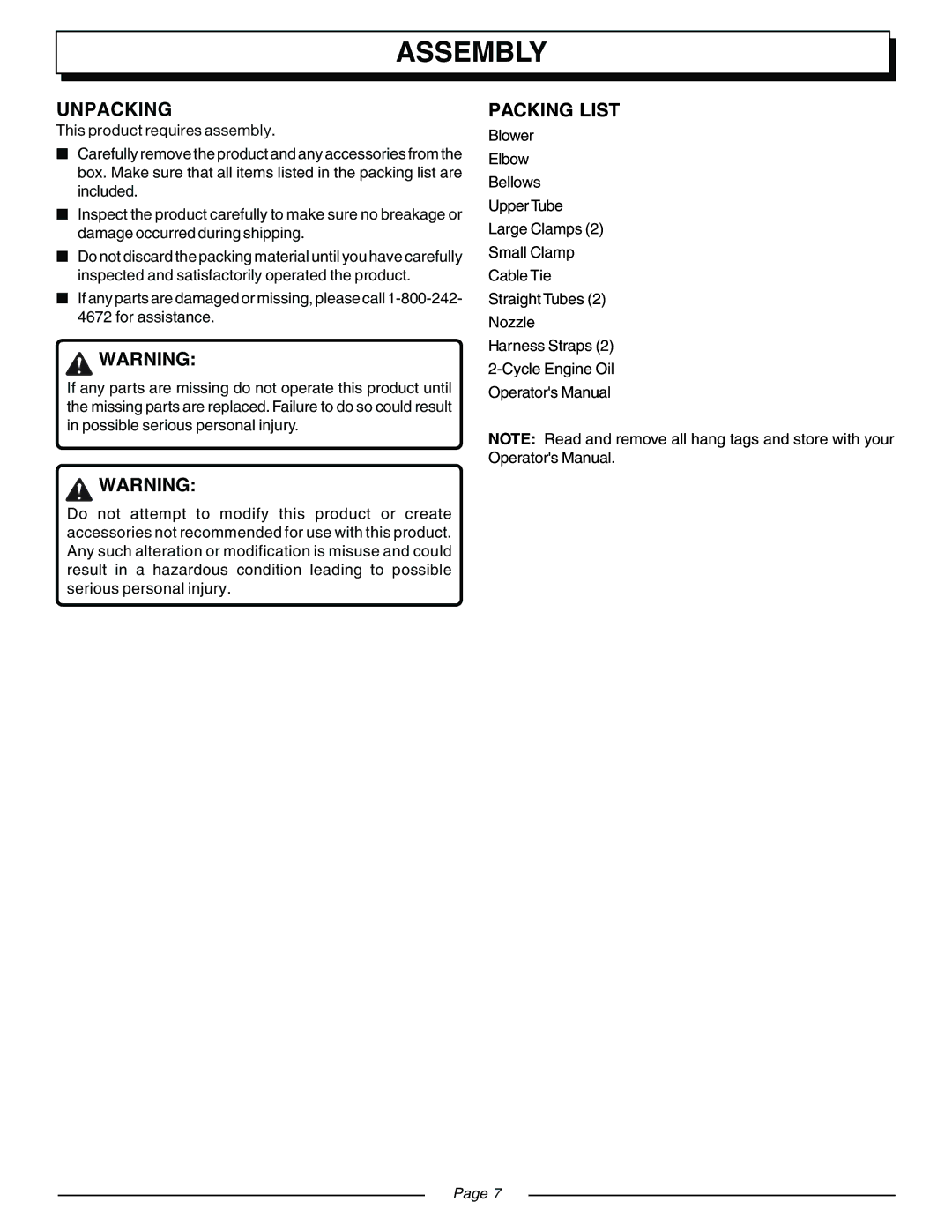 Homelite UT08570, UT08571 manual Assembly, Unpacking, Packing List 