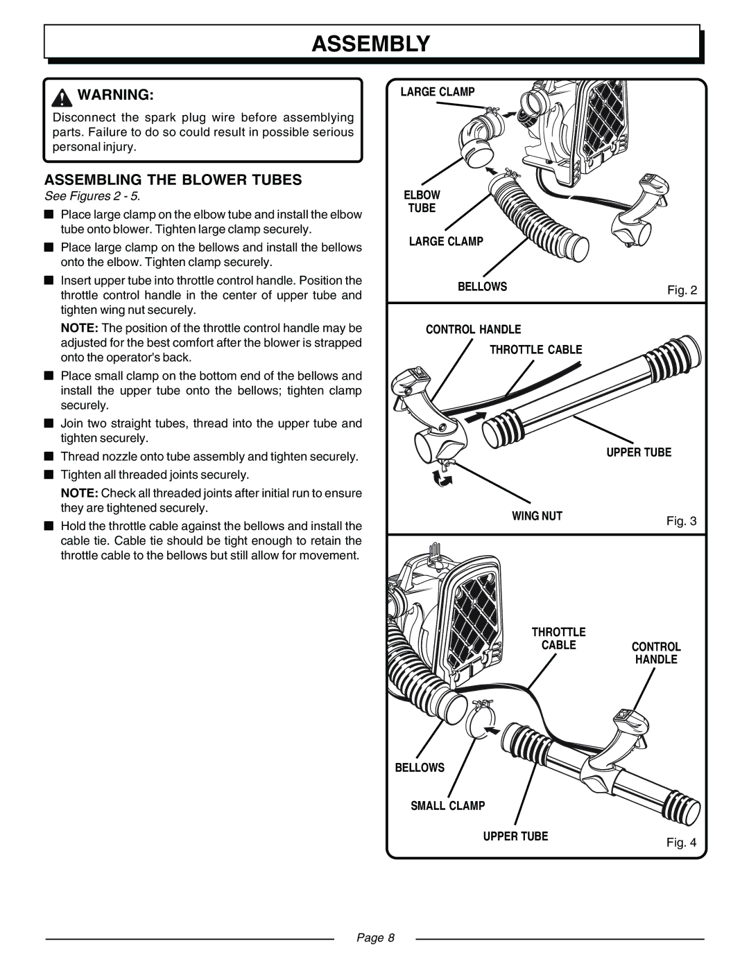 Homelite UT08571, UT08570 manual Assembling the Blower Tubes, See Figures 2 