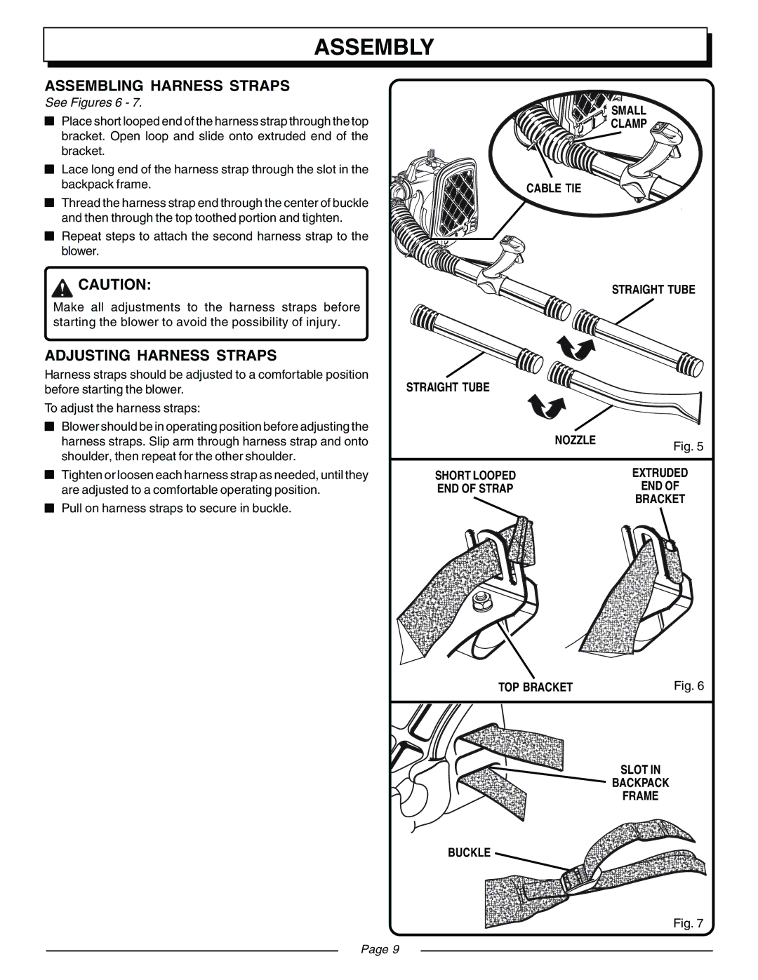 Homelite UT08570, UT08571 manual Assembling Harness Straps, Adjusting Harness Straps, See Figures 6 