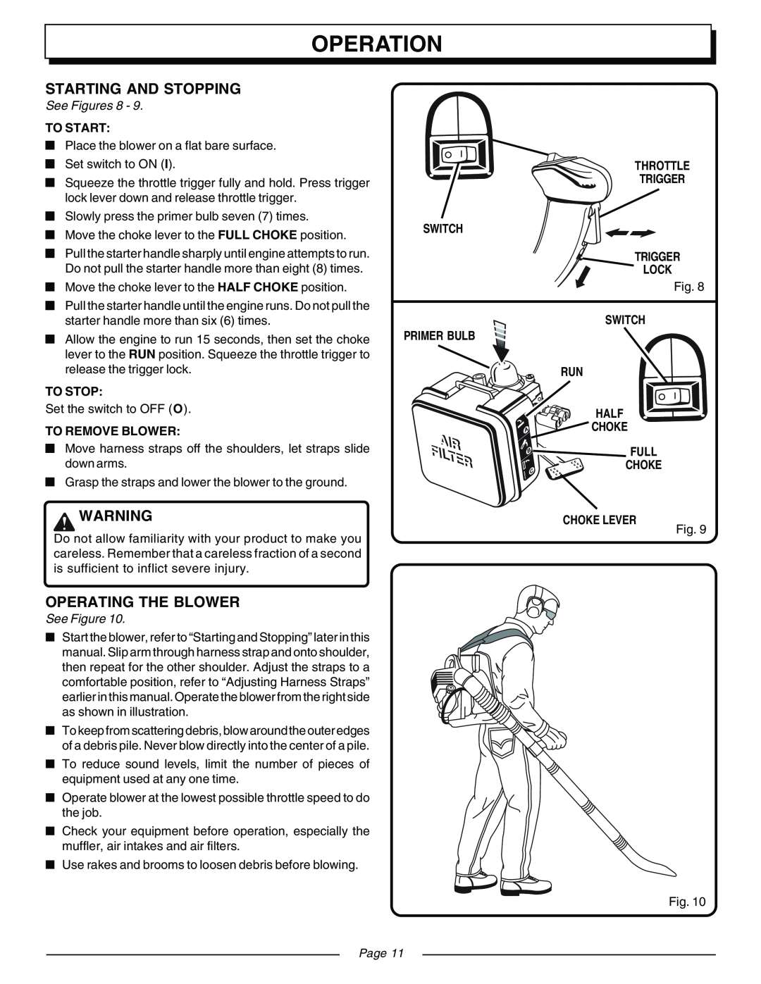 Homelite UT08570 Filteri, Operation, Airir, See Figures 8, To Start, To Stop, To Remove Blower, Switch Primer Bulb, Page 