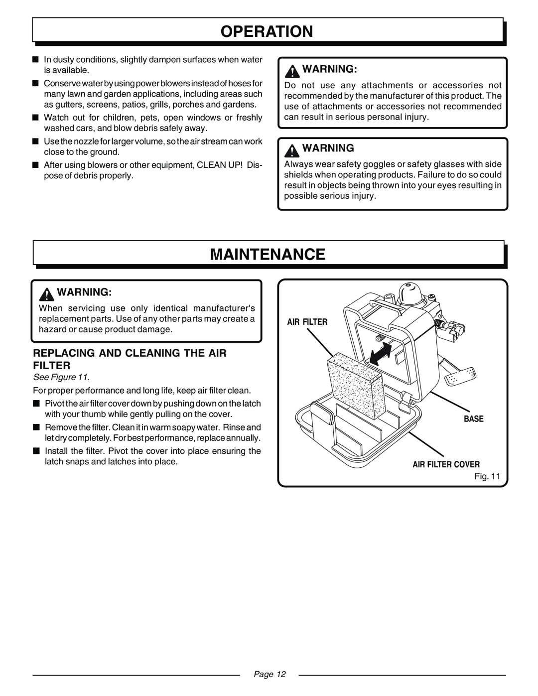 Homelite UT08571, UT08570 manual Maintenance, Operation, See Figure, Base Air Filter Cover, Page 