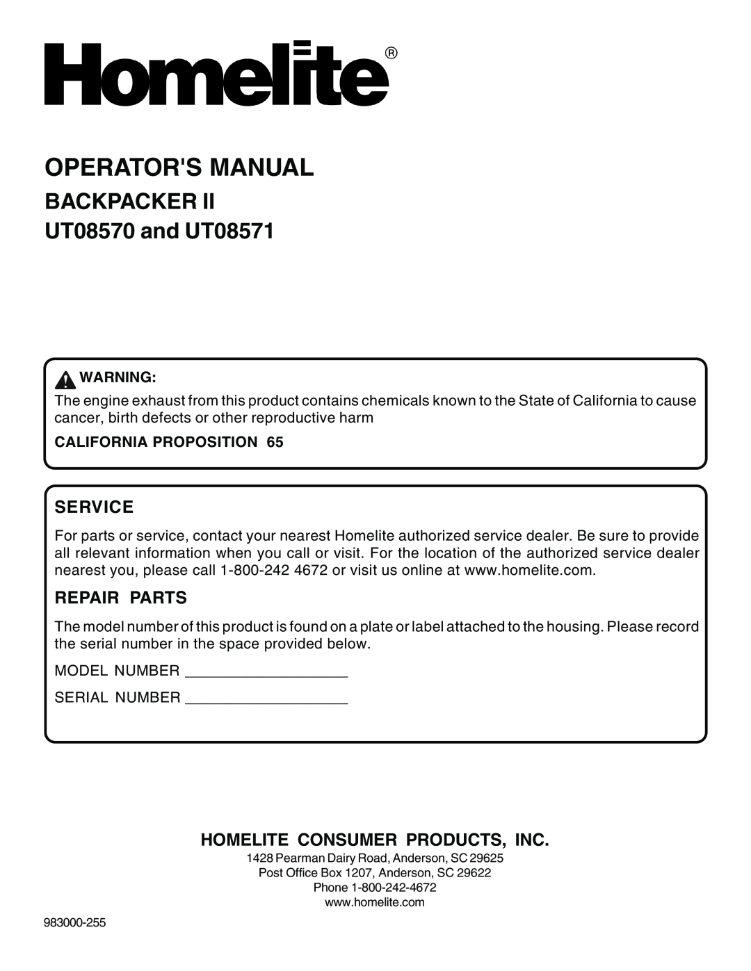 Homelite manual Operators Manual, BACKPACKER UT08570 and UT08571, Service, Repair Parts, Homelite Consumer Products, Inc 