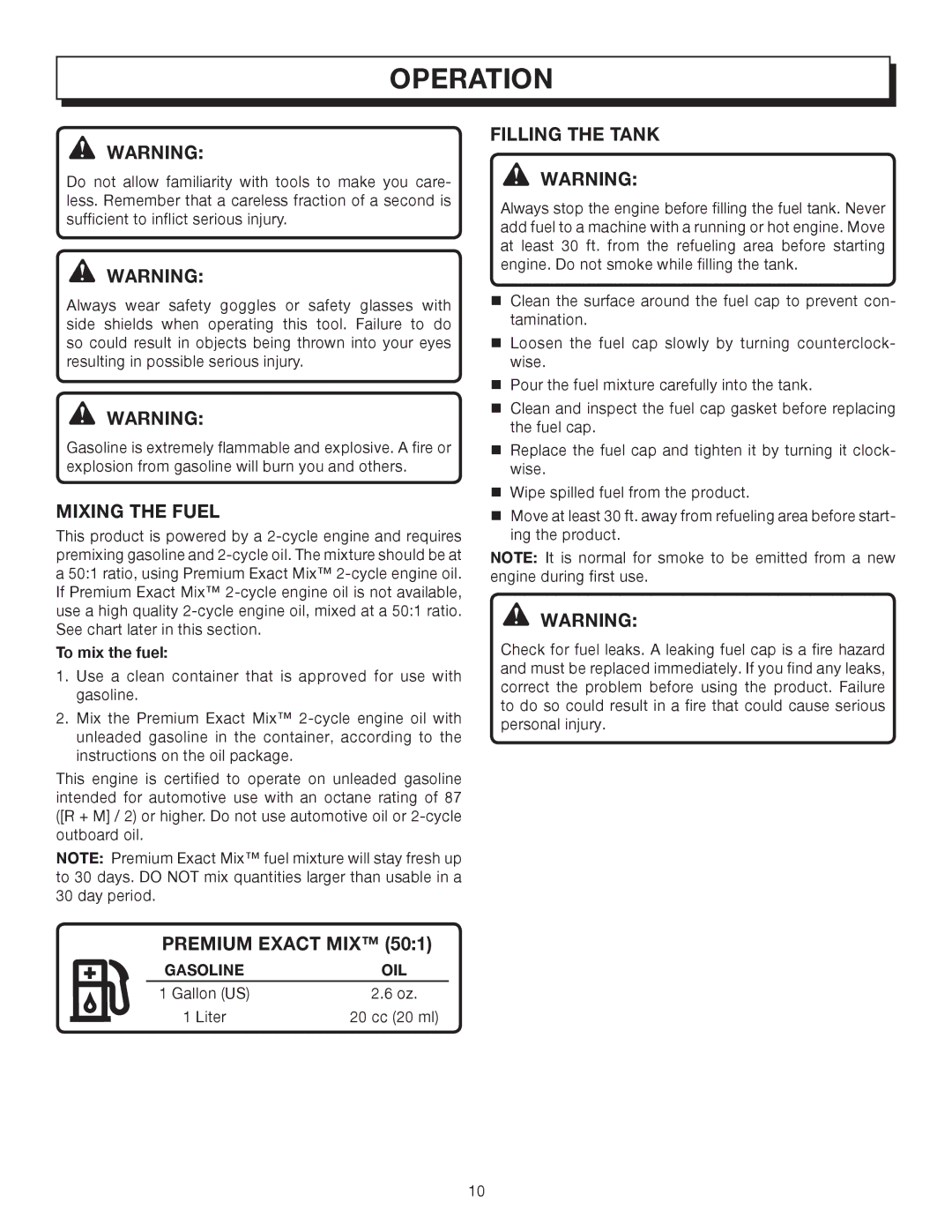Homelite UT08572, UT08072 manual Operation, Mixing the Fuel, Premium Exact MIX Filling the Tank 
