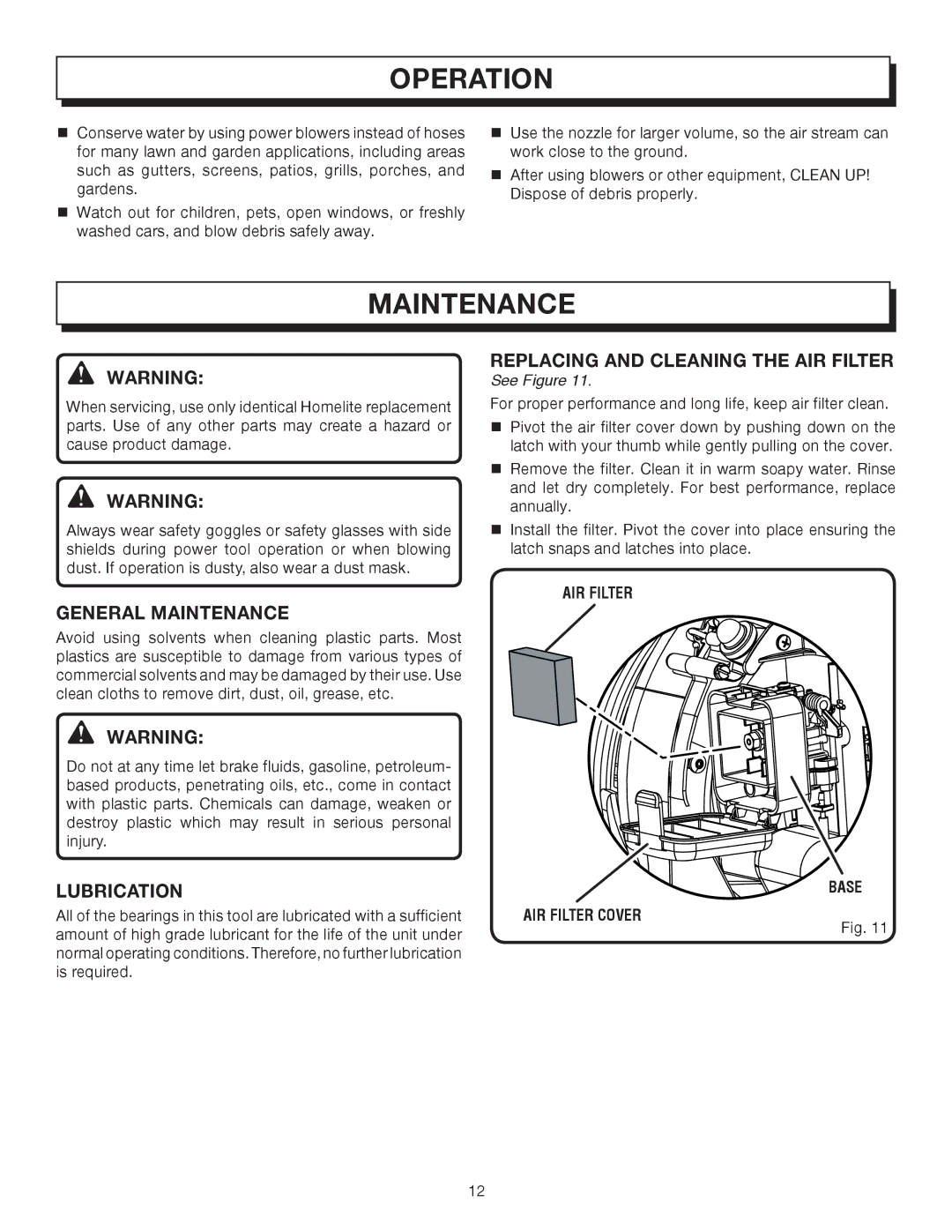 Homelite UT08572, UT08072 manual General Maintenance, Lubrication, Replacing and Cleaning the AIR Filter 