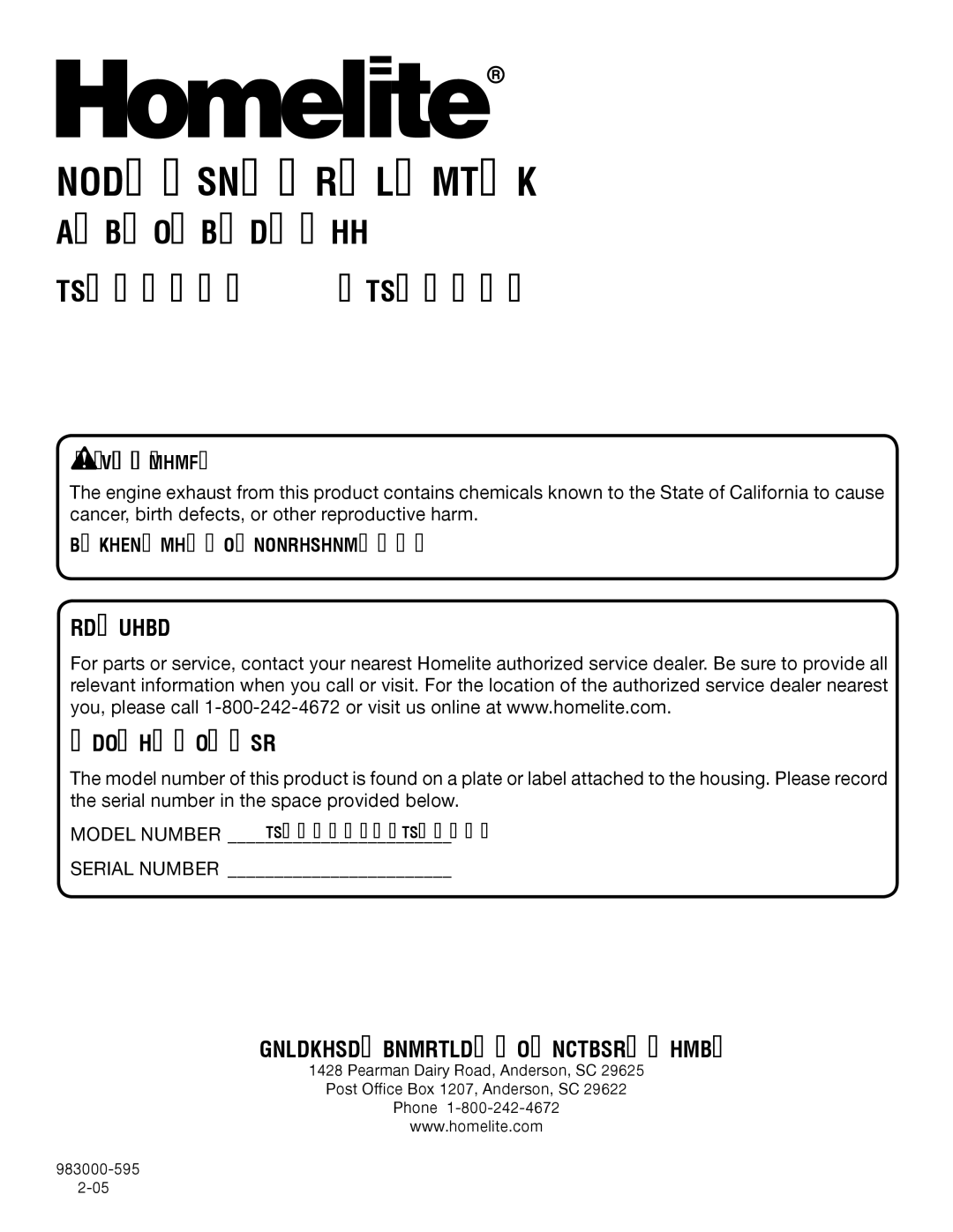 Homelite UT08572, UT08072 manual Service Repair Parts, California Proposition 