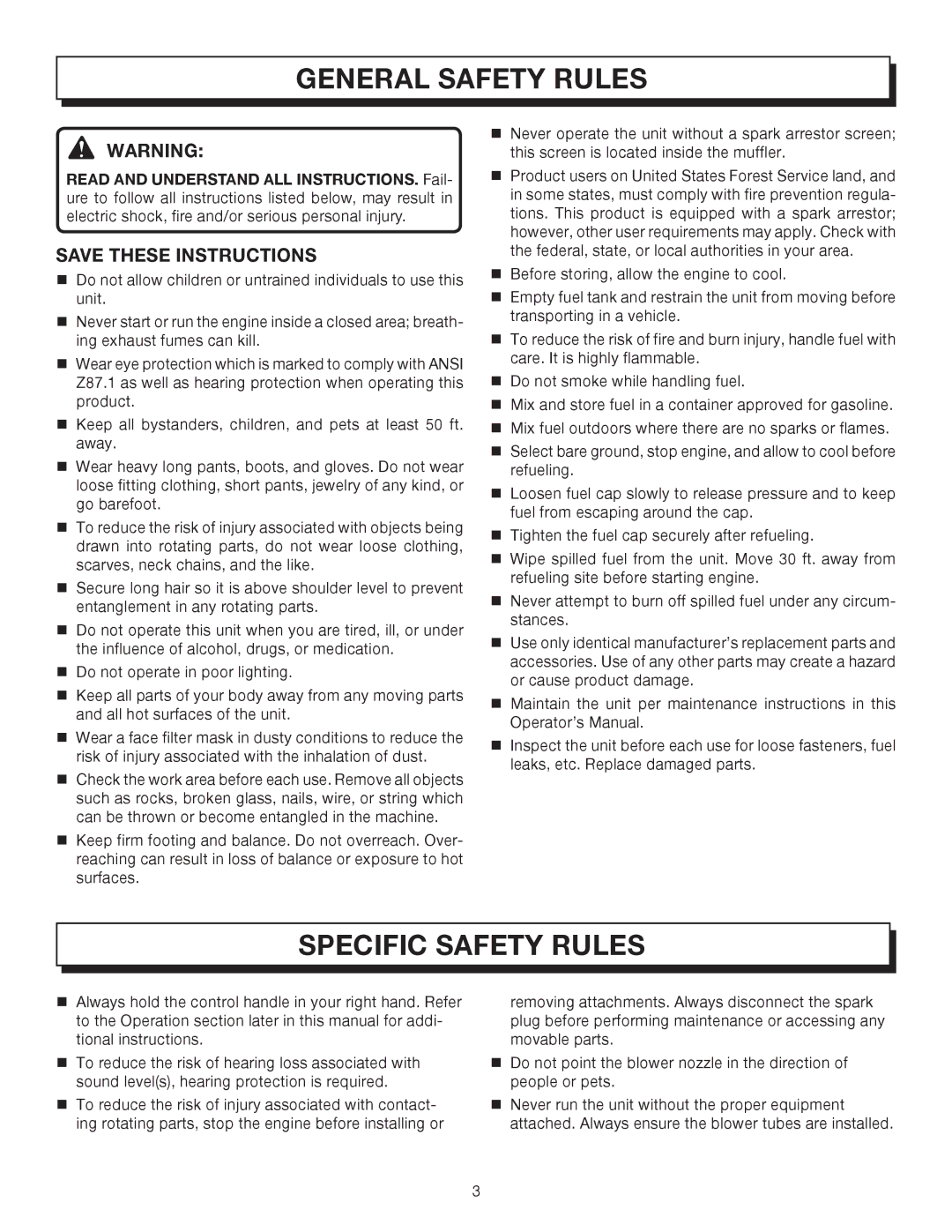 Homelite UT08072, UT08572 manual General Safety Rules, Specific Safety Rules 