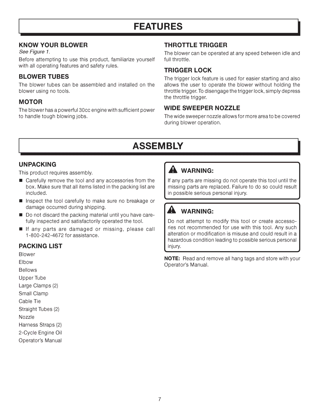 Homelite UT08072, UT08572 manual Features, Assembly 