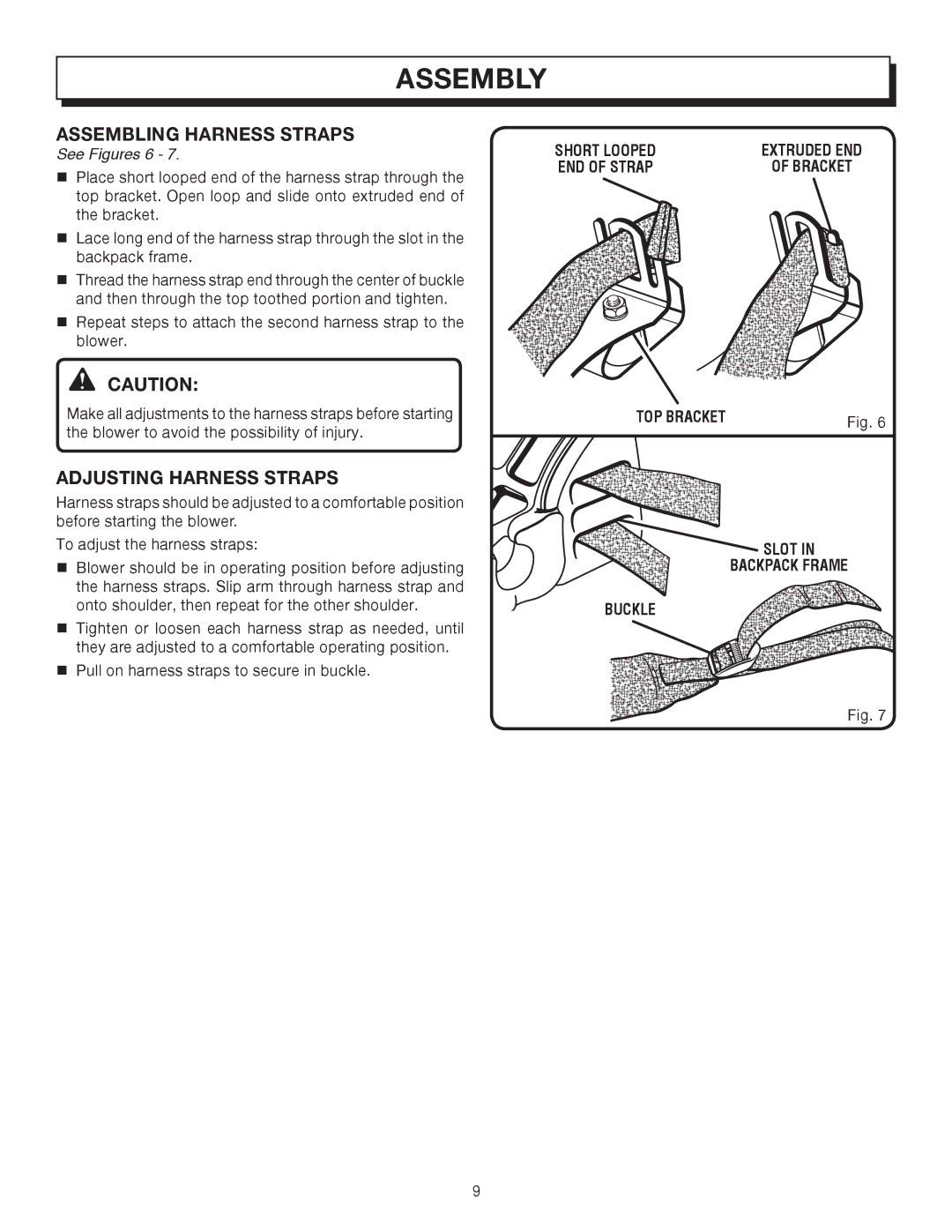 Homelite UT08072, UT08572 manual Assembling Harness Straps, Adjusting Harness Straps, See Figures 6 