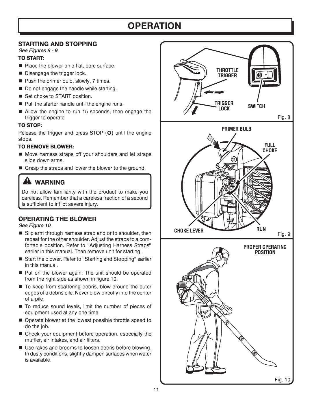 Homelite UT08072 manual Operation, See Figures, To Start, To Stop, To Remove Blower, Throttle Trigger Trigger Switch Lock 