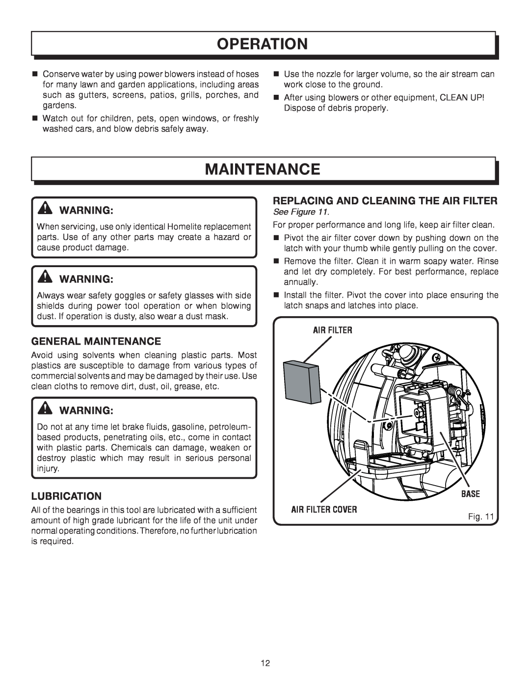 Homelite UT08572 manual Operation, General Maintenance, Lubrication, Replacing And Cleaning The Air Filter, See Figure 