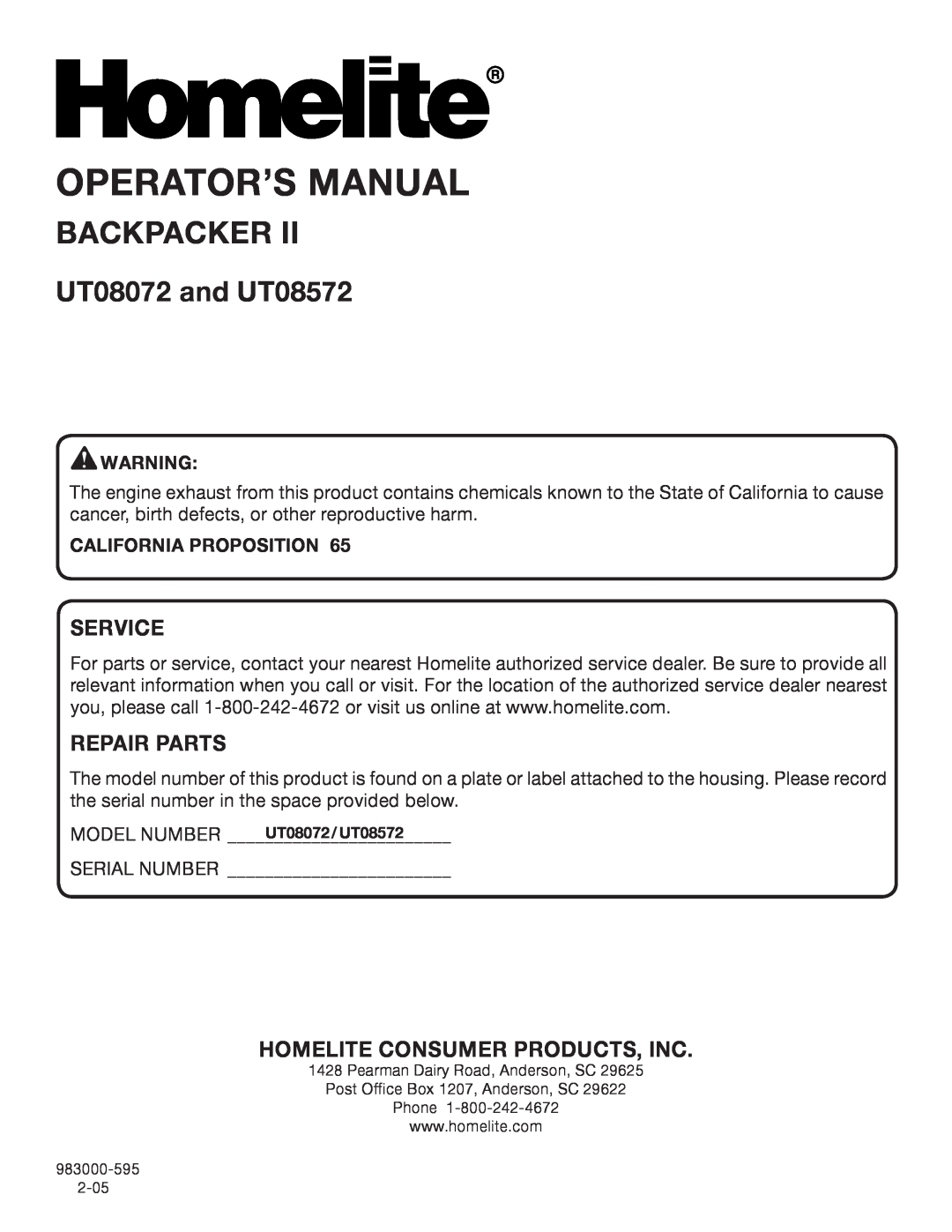 Homelite Operator’S Manual, Backpacker, UT08072 and UT08572, Service, Repair Parts, Homelite Consumer Products, Inc 