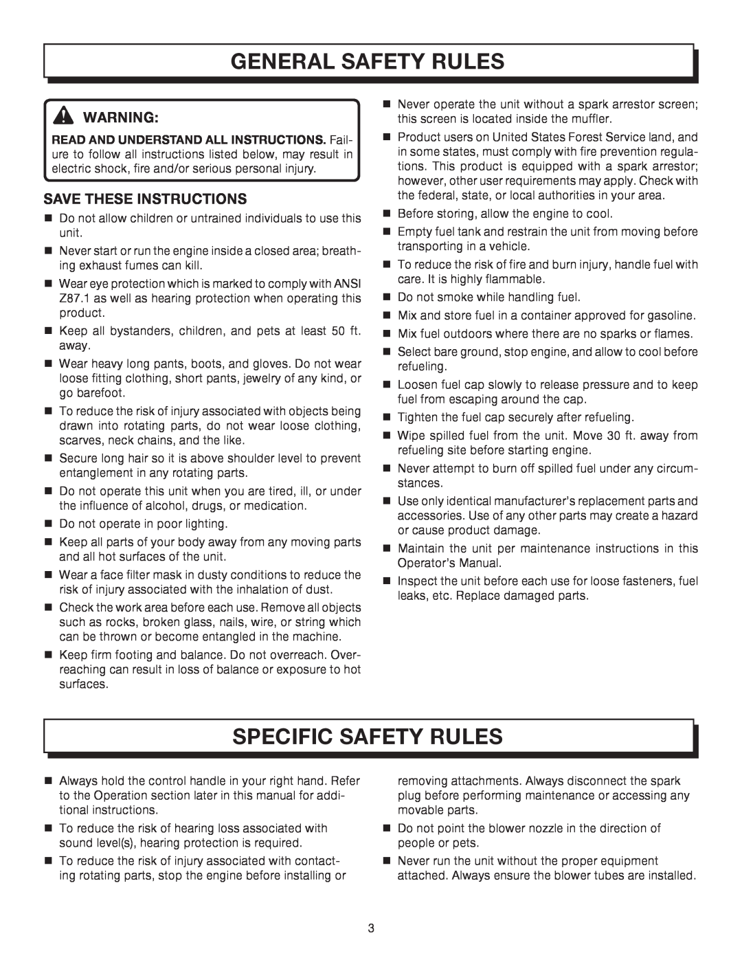 Homelite UT08072, UT08572 manual General Safety Rules, Specific Safety Rules, Save These Instructions 