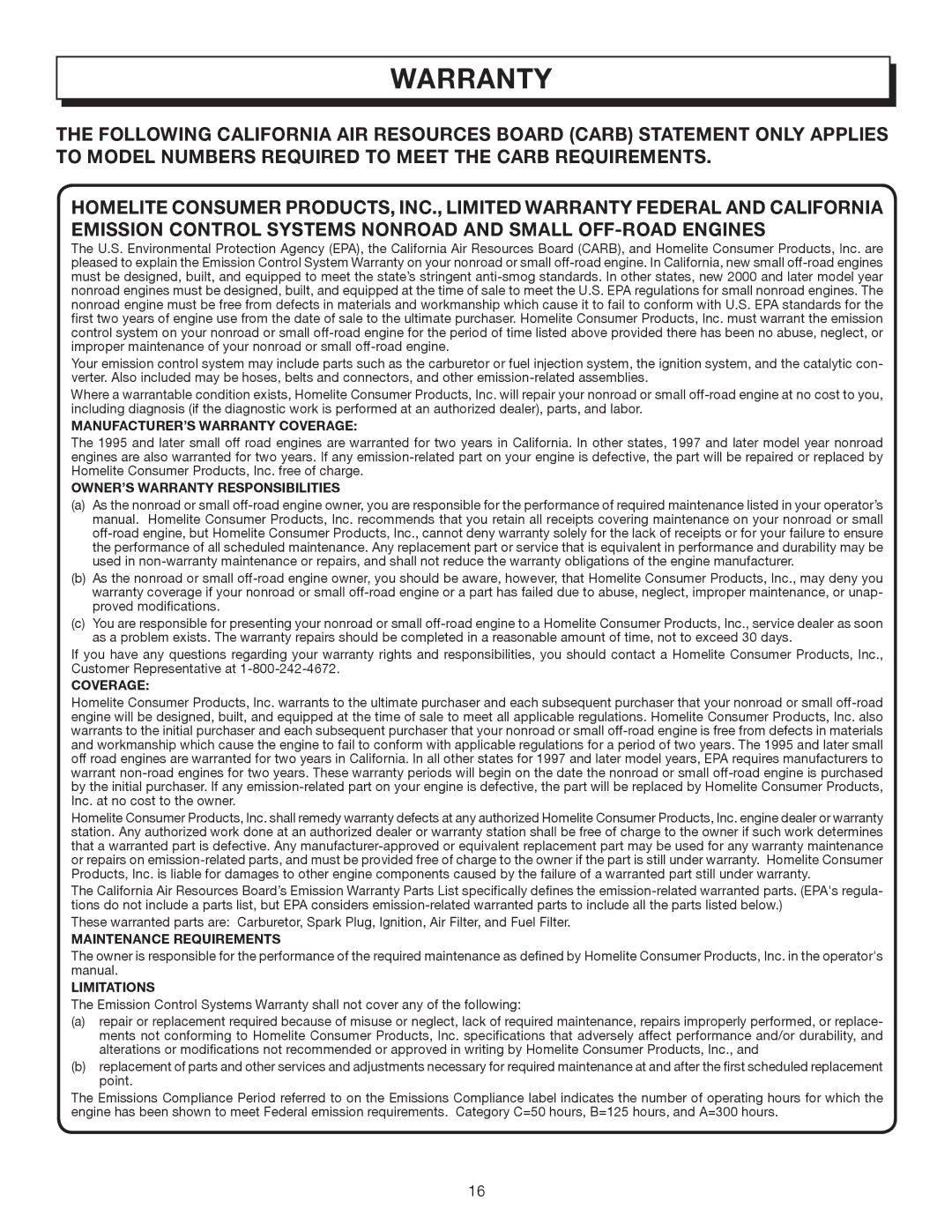 Homelite UT08572A manual MANUFACTURER’S Warranty Coverage 