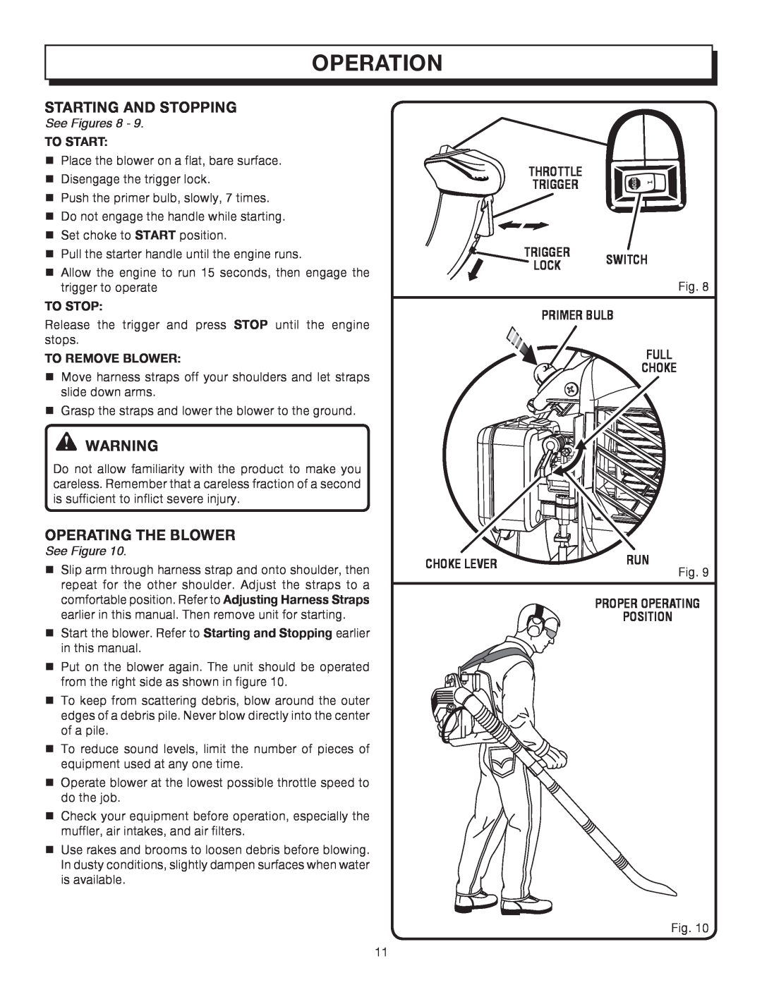 Homelite UT08572A manual Operation, See Figures, To Start, To Stop, To Remove Blower, Throttle Trigger Trigger Switch Lock 