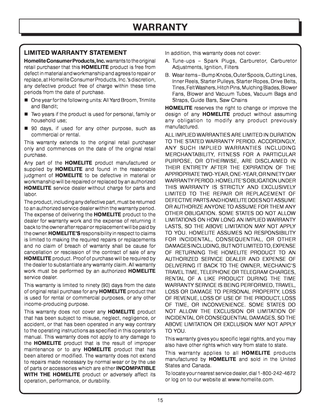 Homelite UT08572A manual Limited Warranty Statement 