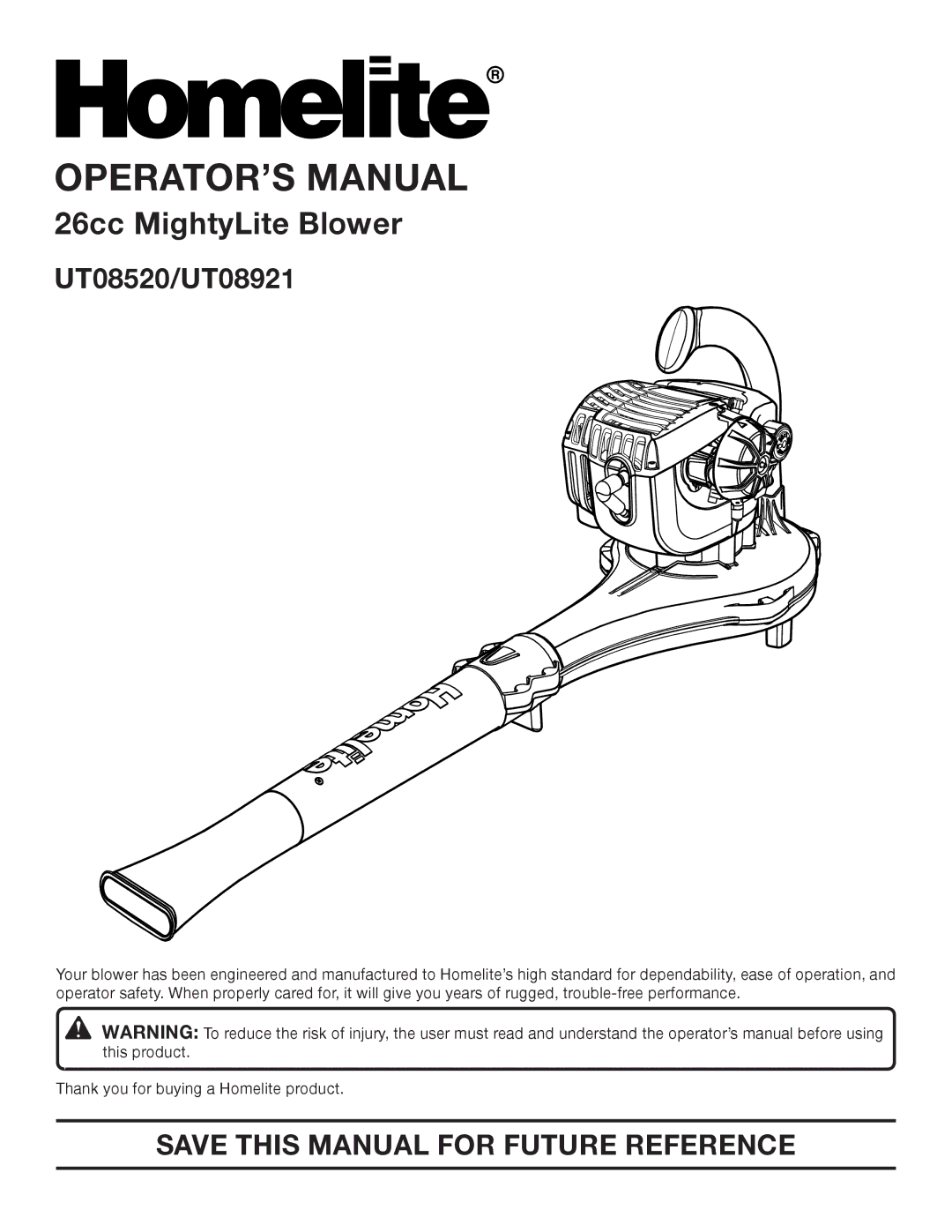 Homelite manual OPERATOR’S Manual, UT08520/UT08921 