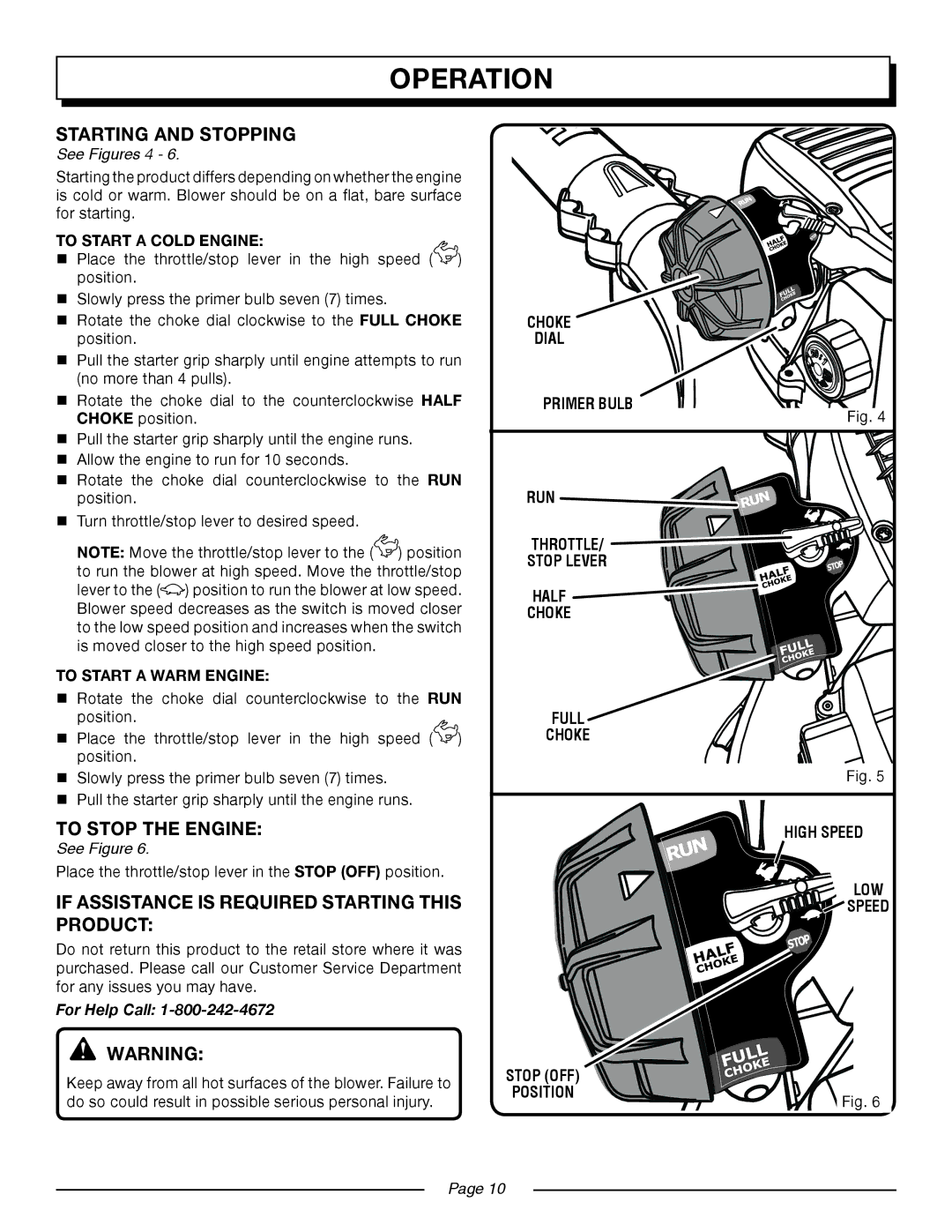 Homelite UT08921 Starting and Stopping, To Stop the Engine, If assistance is required Starting this product, See Figures 4 