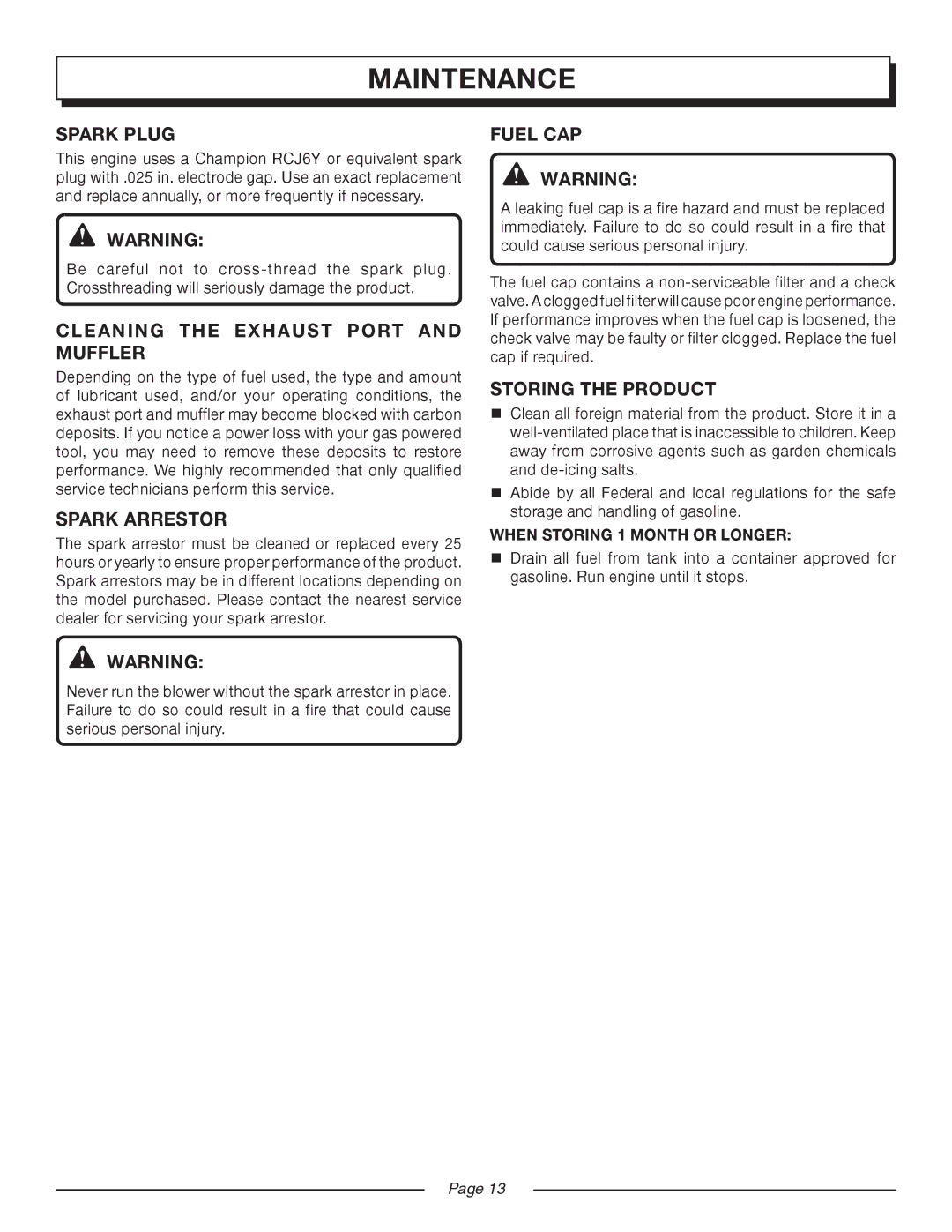 Homelite UT08921 manual Spark Plug, Cleaning the Exhaust Port and Muffler, Spark Arrestor, Fuel CAP, Storing the product 