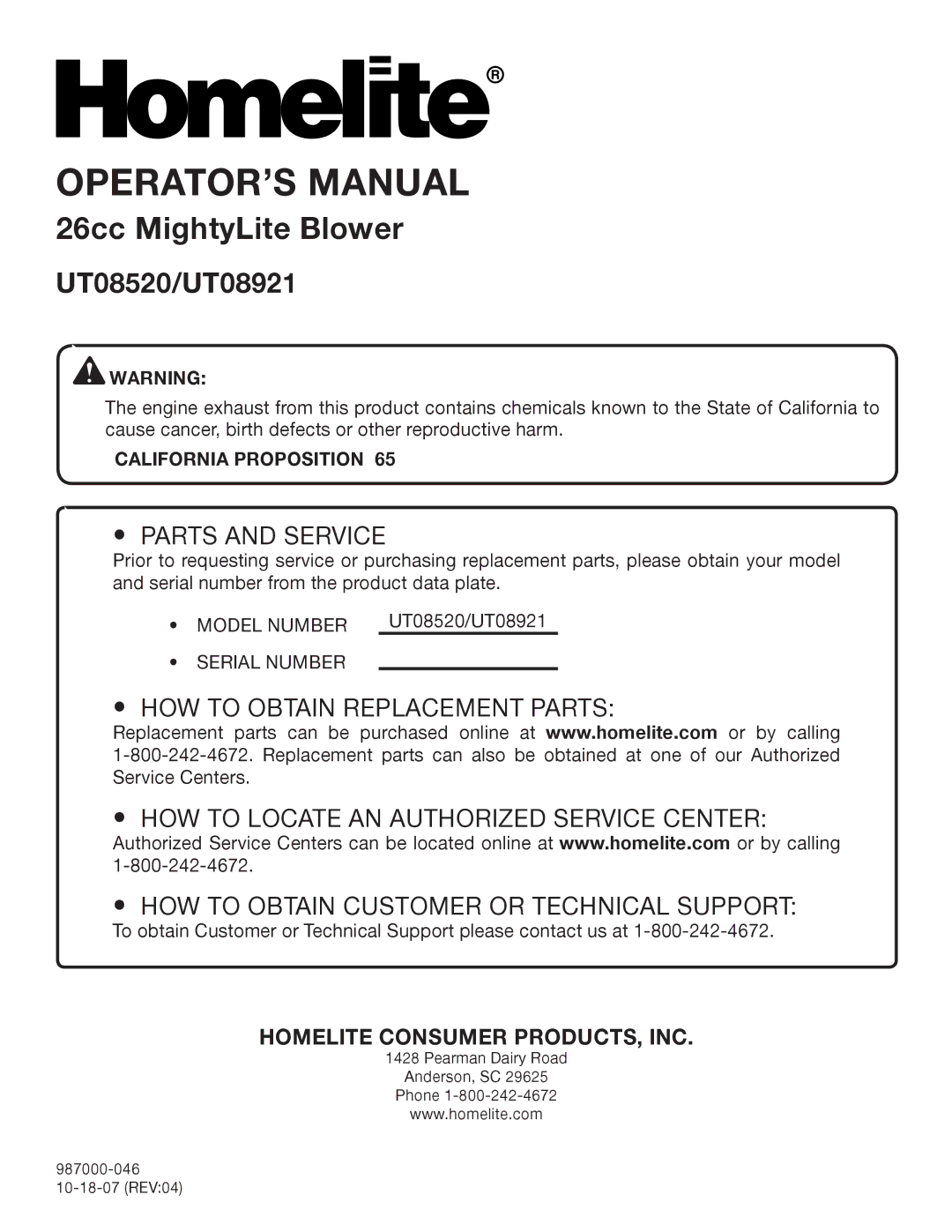 Homelite UT08921 manual Parts and Service, California Proposition 