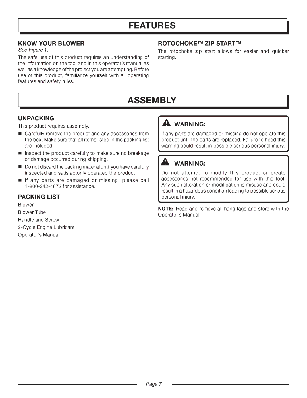 Homelite UT08921 manual Assembly, Know Your blower, Rotochoke Zip Start, Unpacking, Packing List 