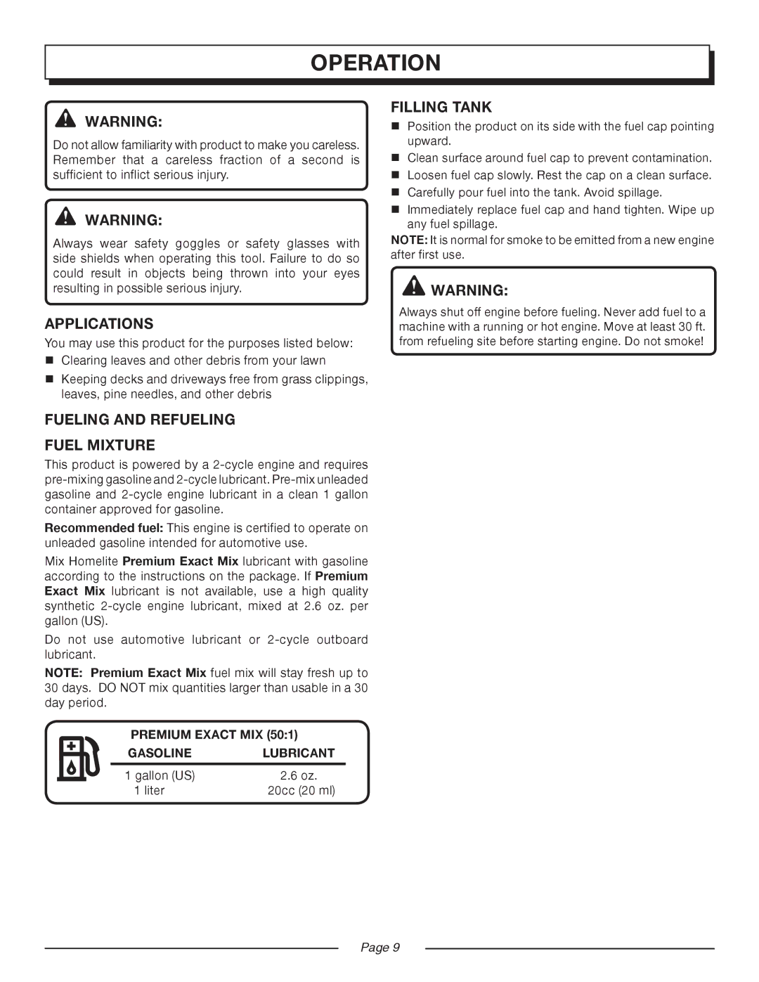 Homelite UT08921 manual Operation, Applications, Fueling and Refueling Fuel Mixture, Filling Tank 