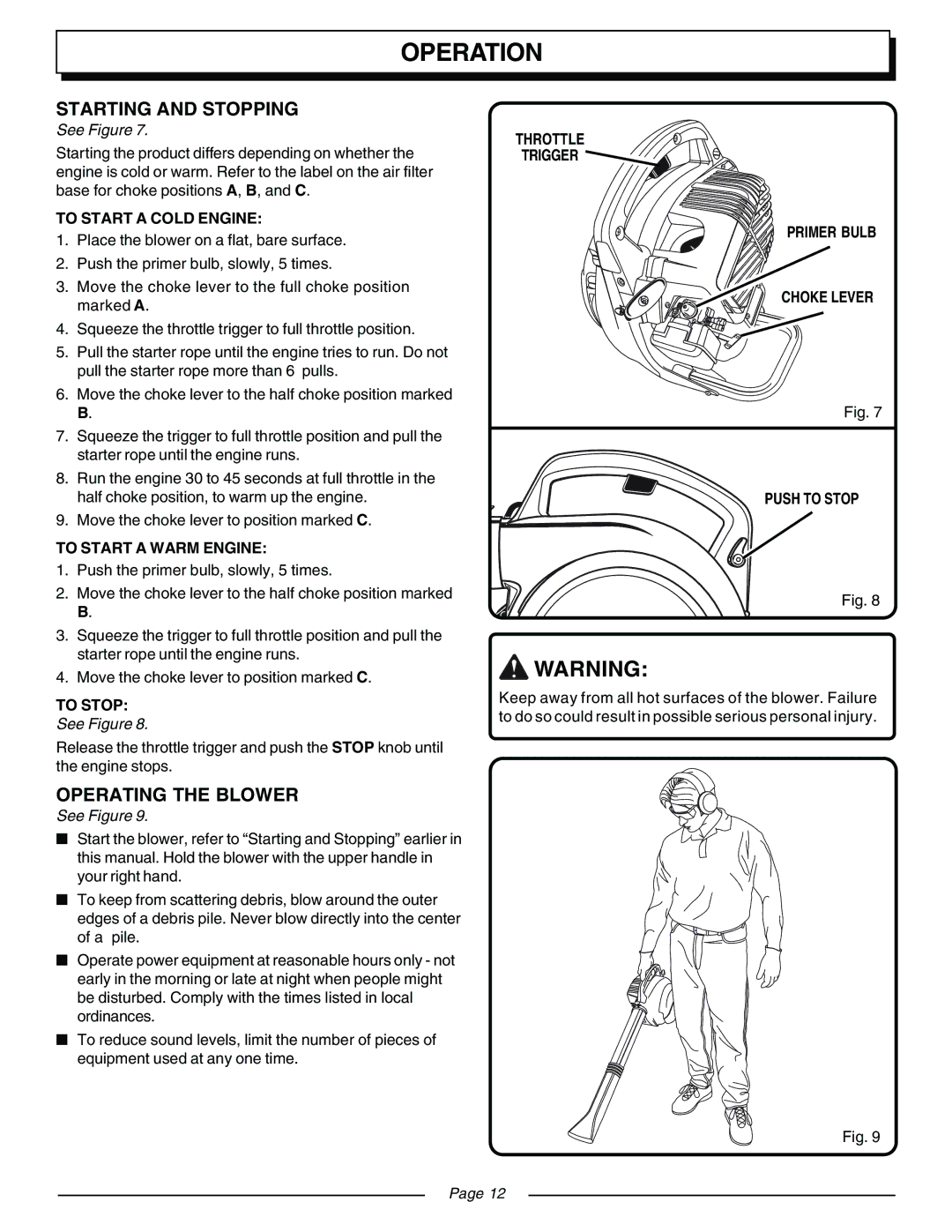 Homelite UT08934B, UT08932 manual Starting and Stopping, Operating the Blower 