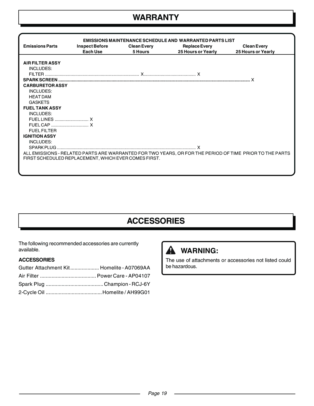 Homelite UT08934B, UT08932 manual Accessories, Fuel Filter Ignition Assy Includes 