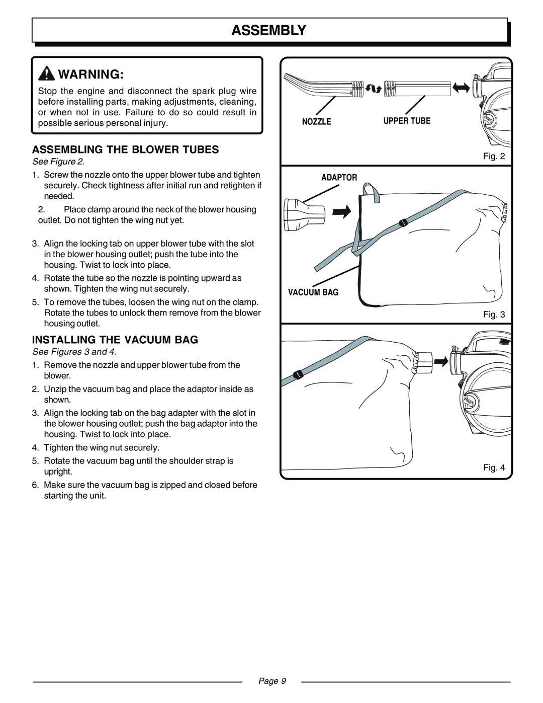 Homelite UT08934B, UT08932 manual Assembly, Assembling the Blower Tubes, Installing the Vacuum BAG 