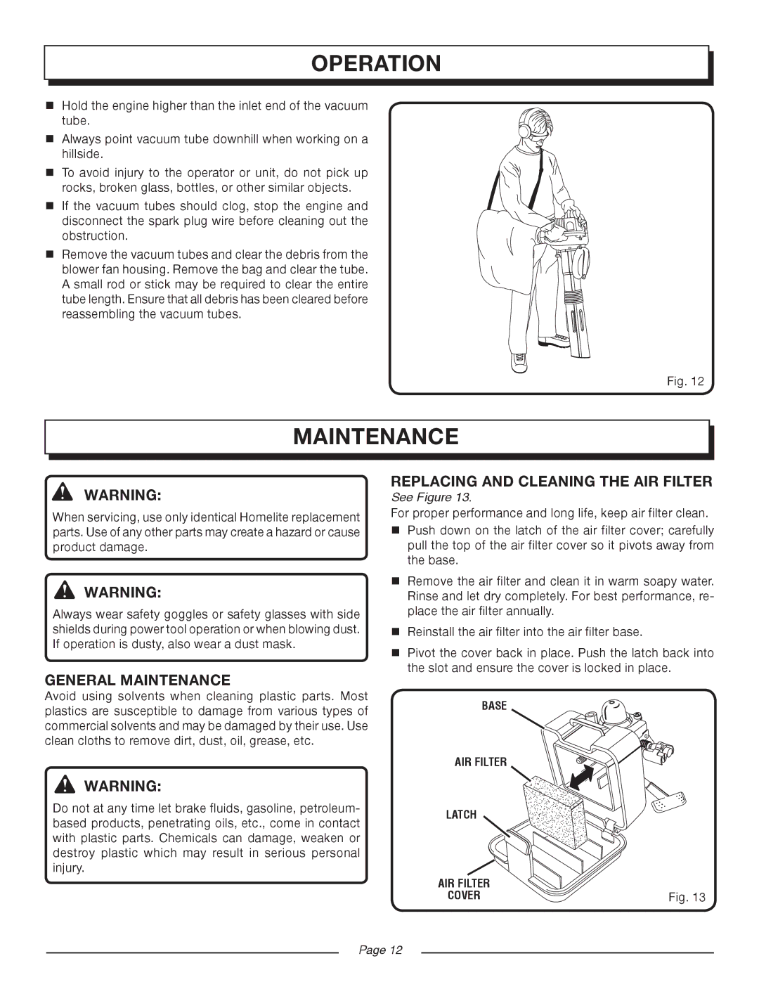 Homelite UT08934D manual General Maintenance, Replacing and Cleaning the AIR Filter 