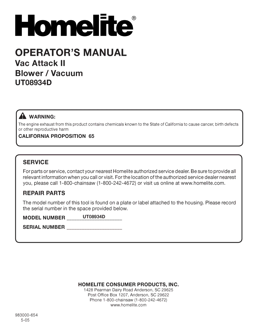 Homelite UT08934D manual California Proposition, Model Number, Homelite Consumer PRODUCTS, INC 