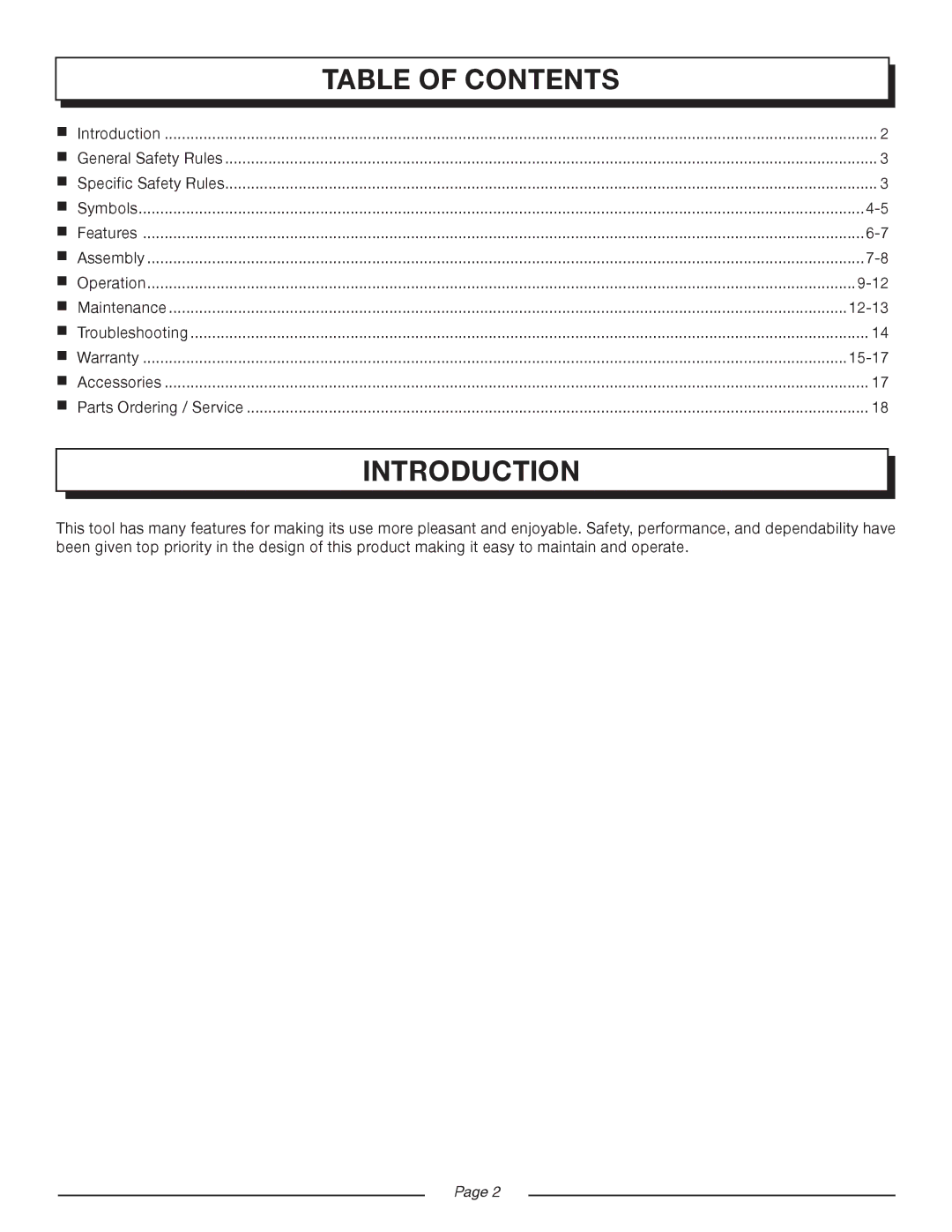 Homelite UT08934D manual Introduction, Table of Contents 