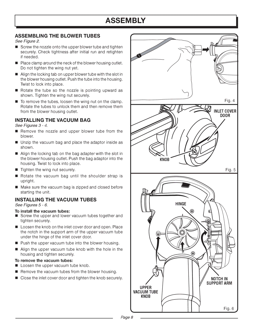 Homelite UT08934D manual Assembling the Blower Tubes, Installing the Vacuum BAG, Installing the Vacuum Tubes, See Figures 3 