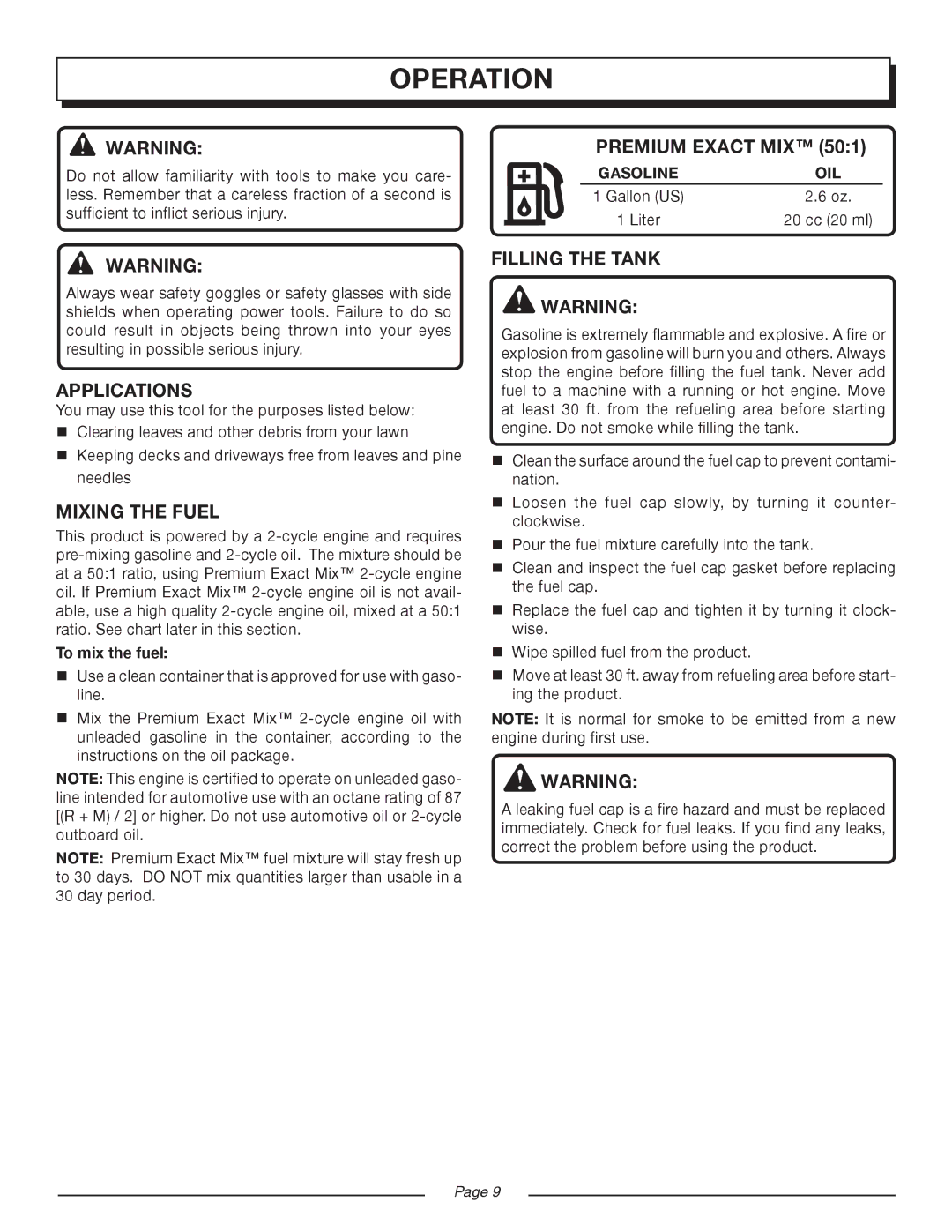 Homelite UT08934D manual Operation, Premium Exact MIX, Applications, Mixing the Fuel, Filling the Tank 