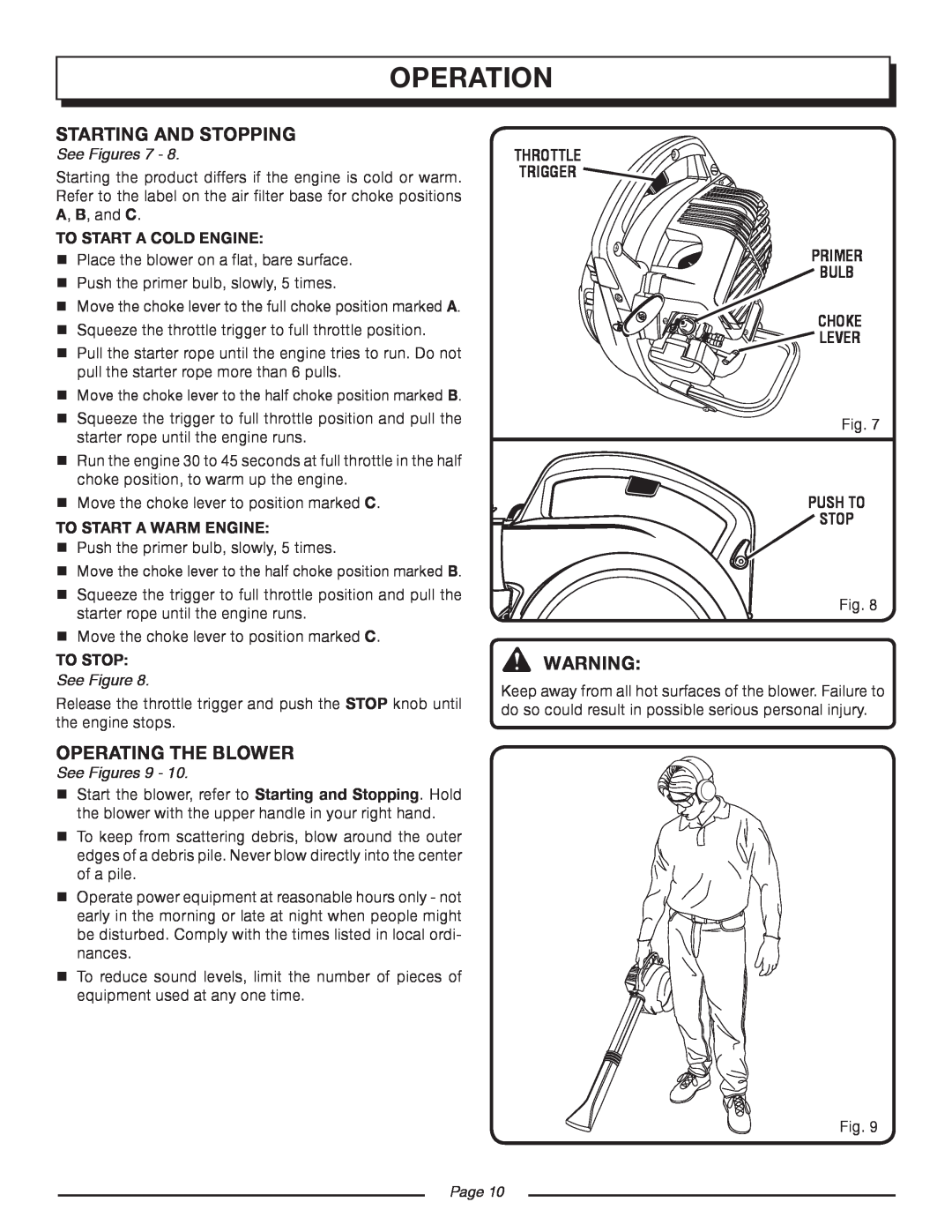 Homelite UT08934D manual Operation, See Figures, To Start A Cold Engine, To Start A Warm Engine, Push To Stop, Page 