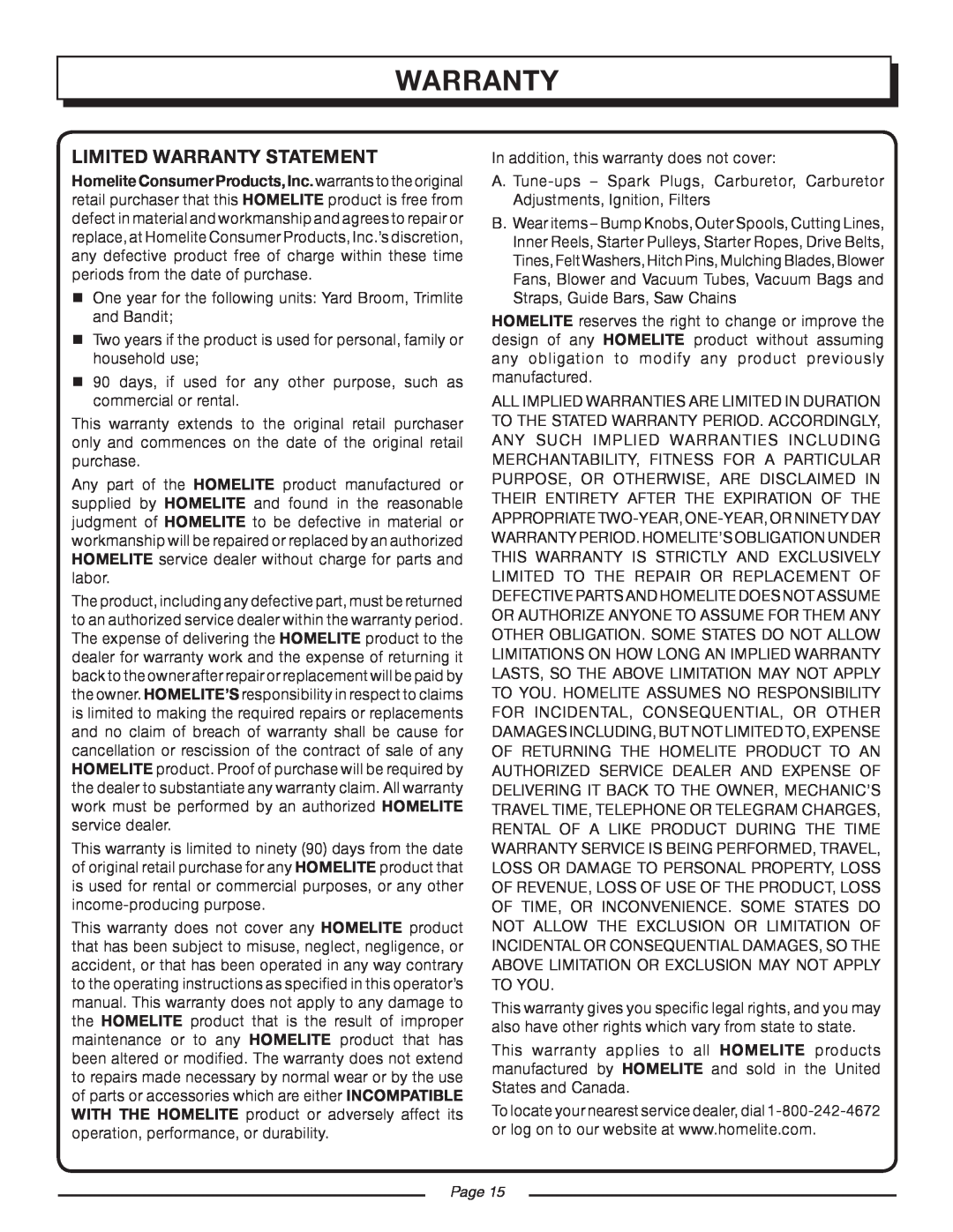 Homelite UT08934D manual Limited Warranty Statement, Page 