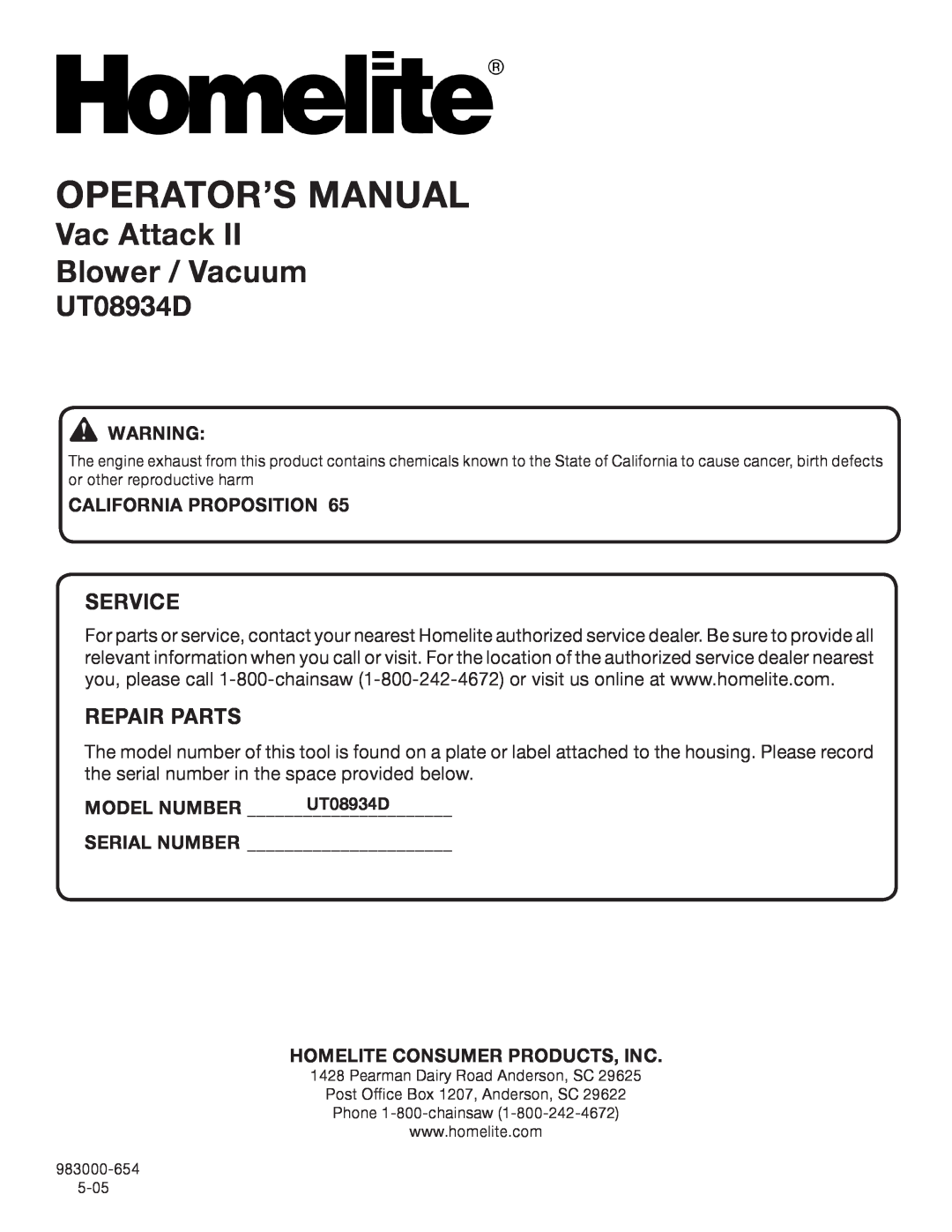 Homelite UT08934D manual Operator’S Manual, Vac Attack Blower / Vacuum, Service, Repair Parts 