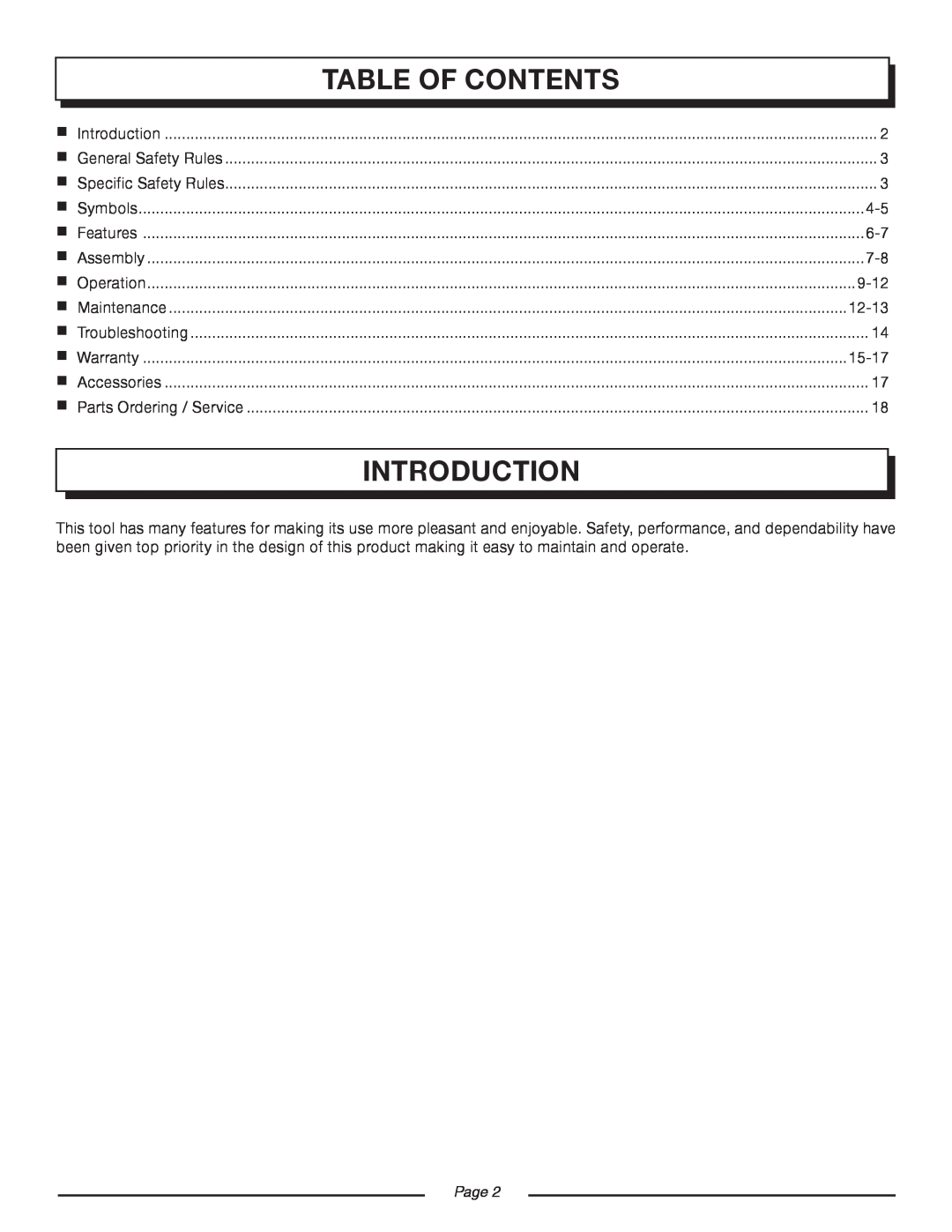 Homelite UT08934D manual Introduction, Table Of Contents, Page 