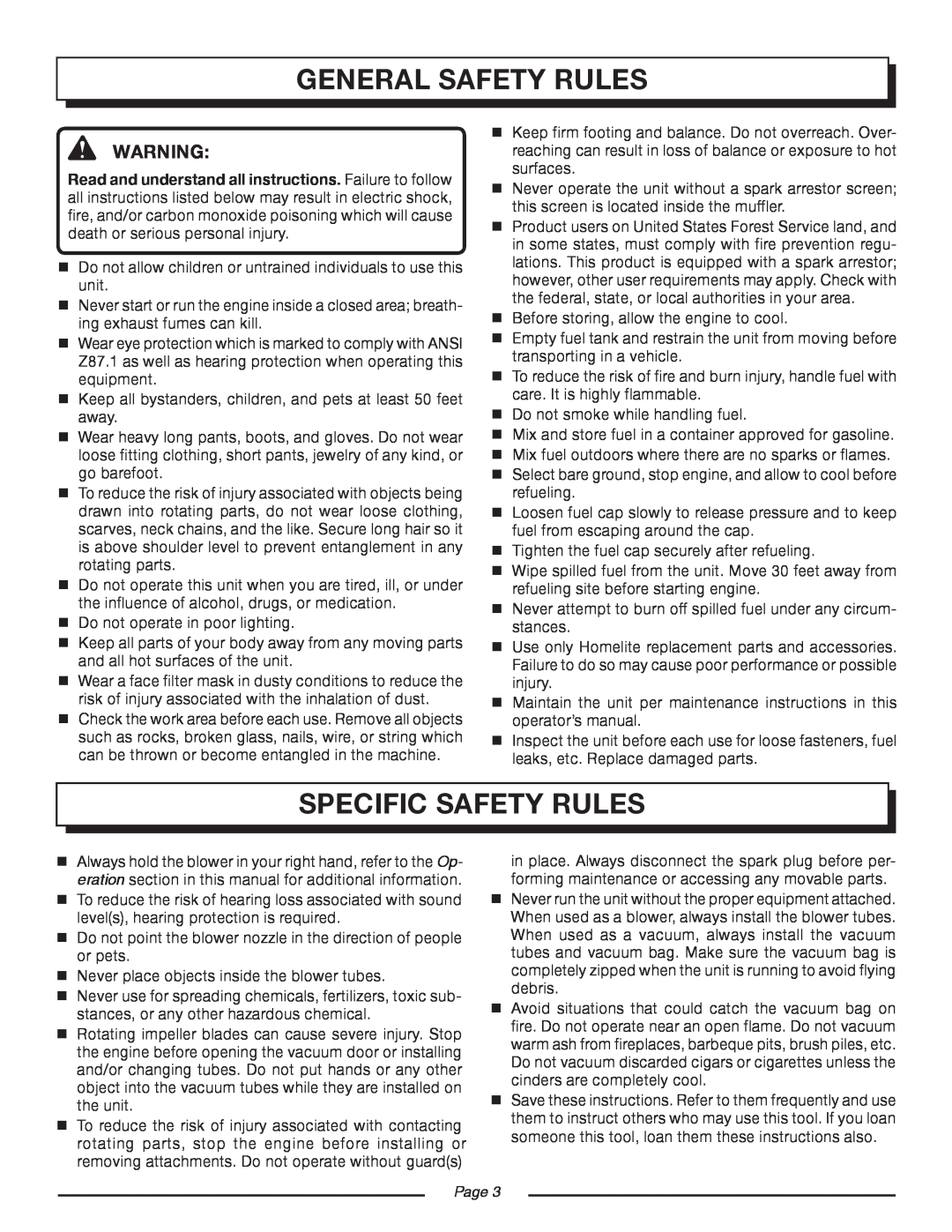 Homelite UT08934D manual General Safety Rules, Specific Safety Rules, Page 