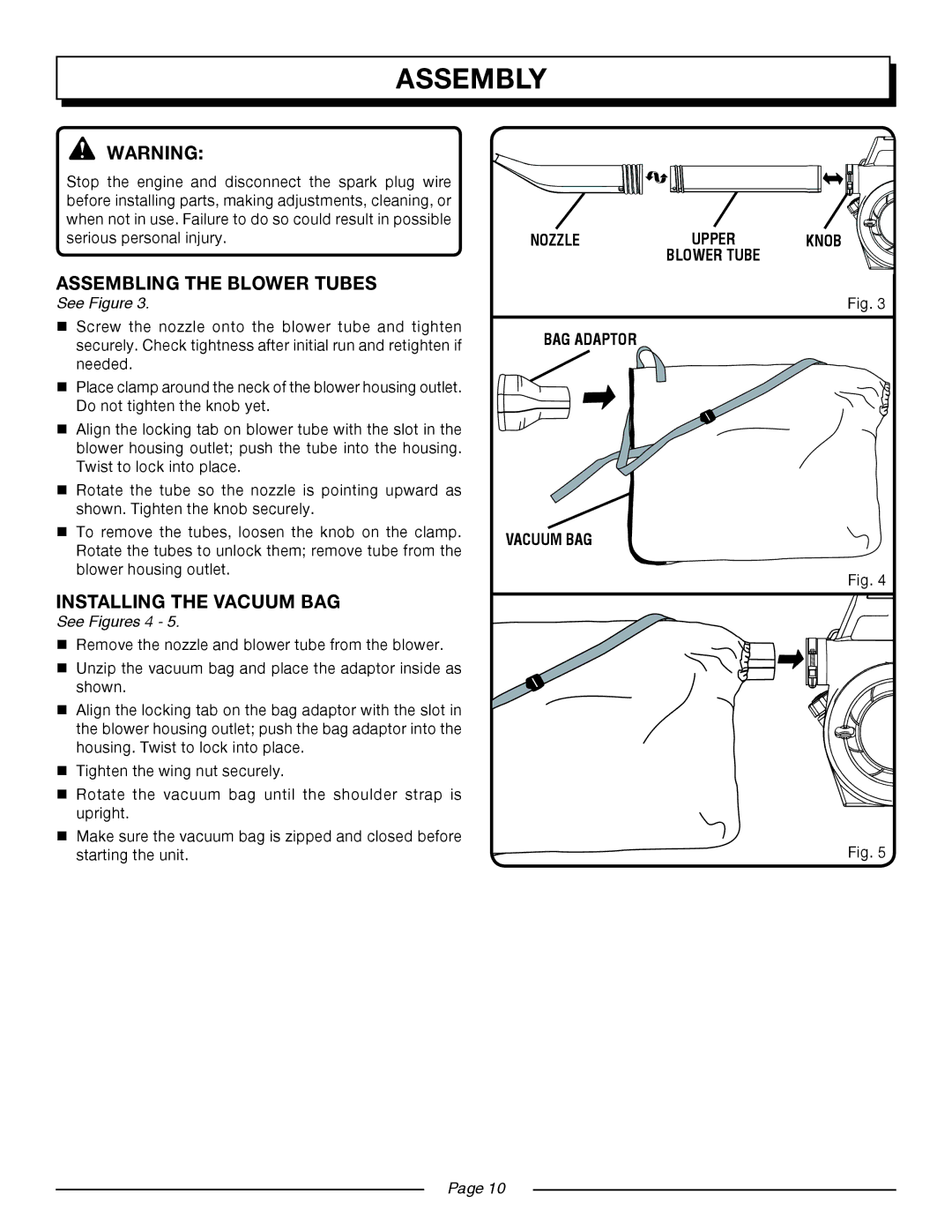 Homelite UT08947 manual Assembling the Blower Tubes, Installing the Vacuum BAG, See Figures 4 