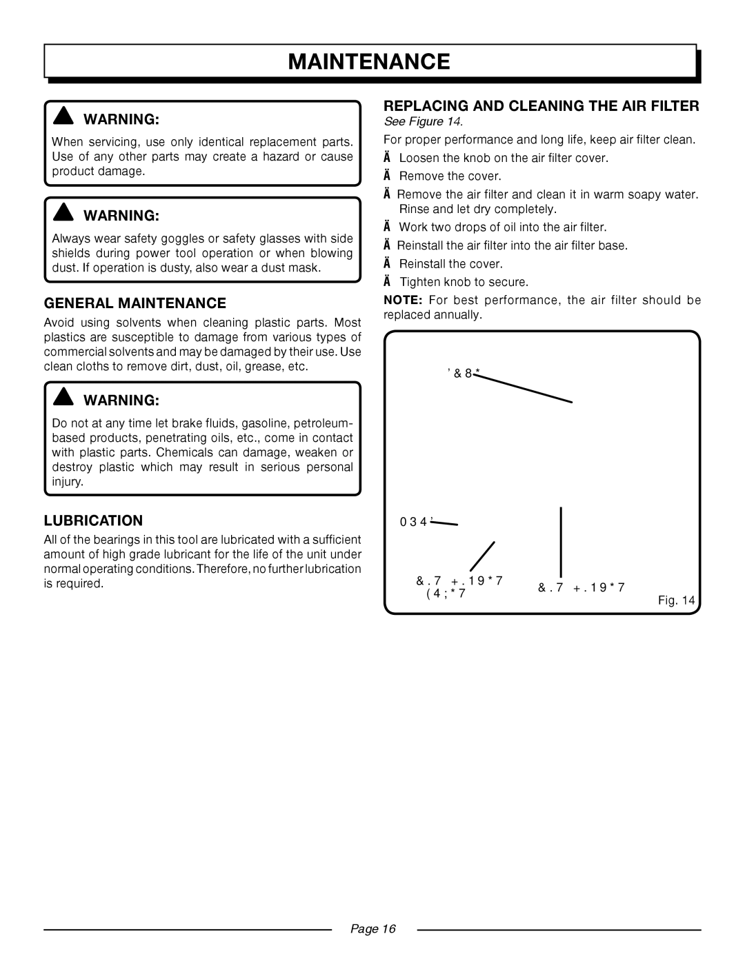 Homelite UT08947 manual General Maintenance, Lubrication, Replacing and Cleaning the AIR Filter 